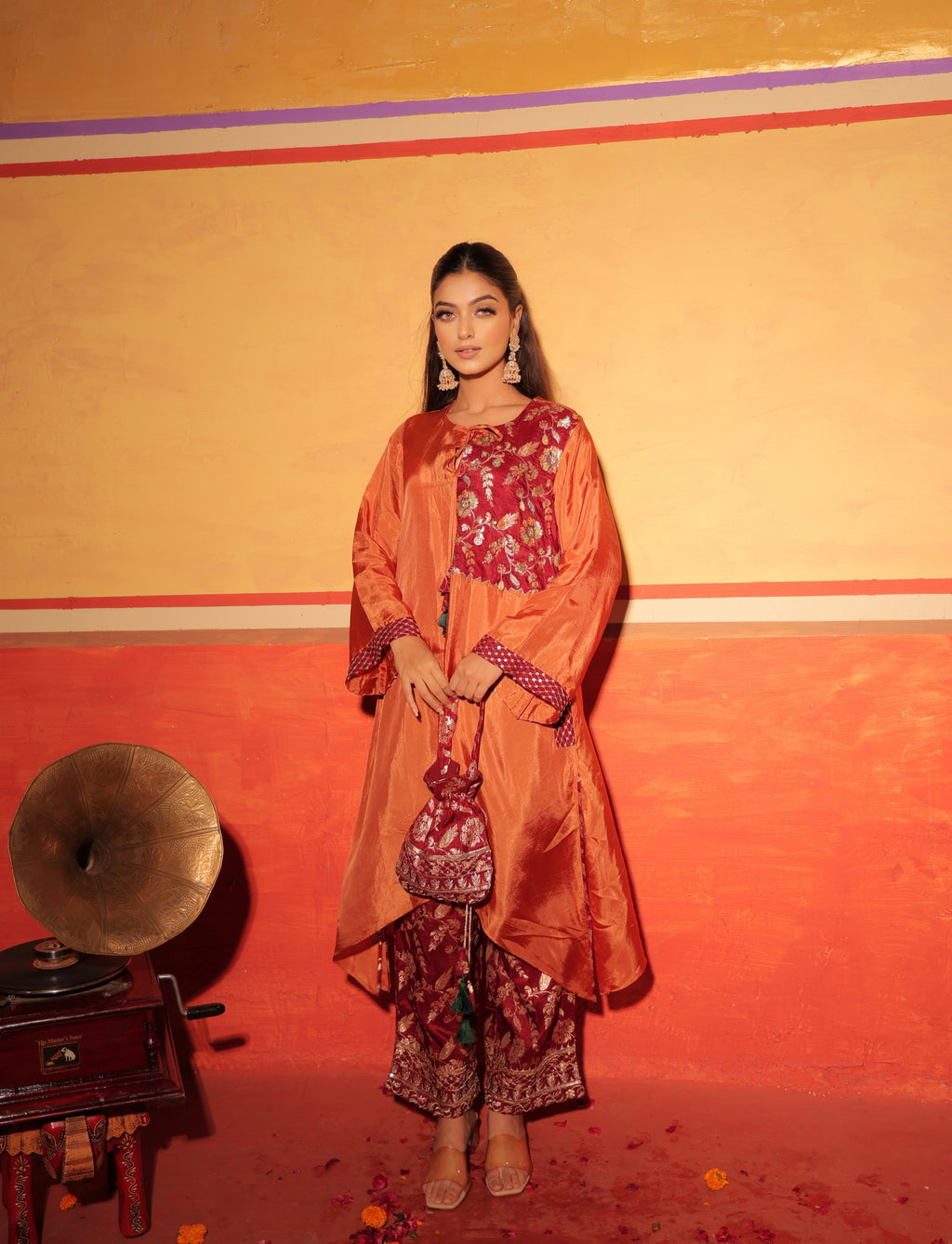 Rust Orange Brocade Kaftan Set