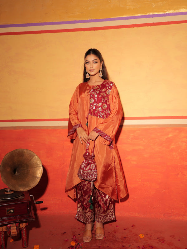Rust Orange Brocade Kaftan Set