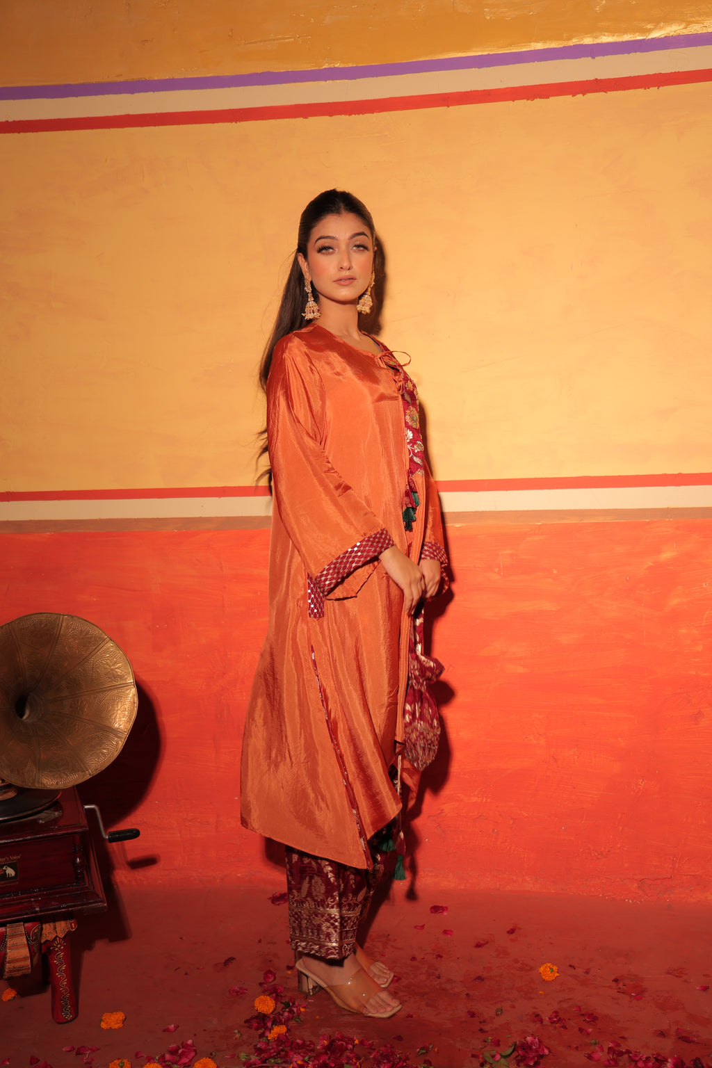Rust Orange Brocade Kaftan Set