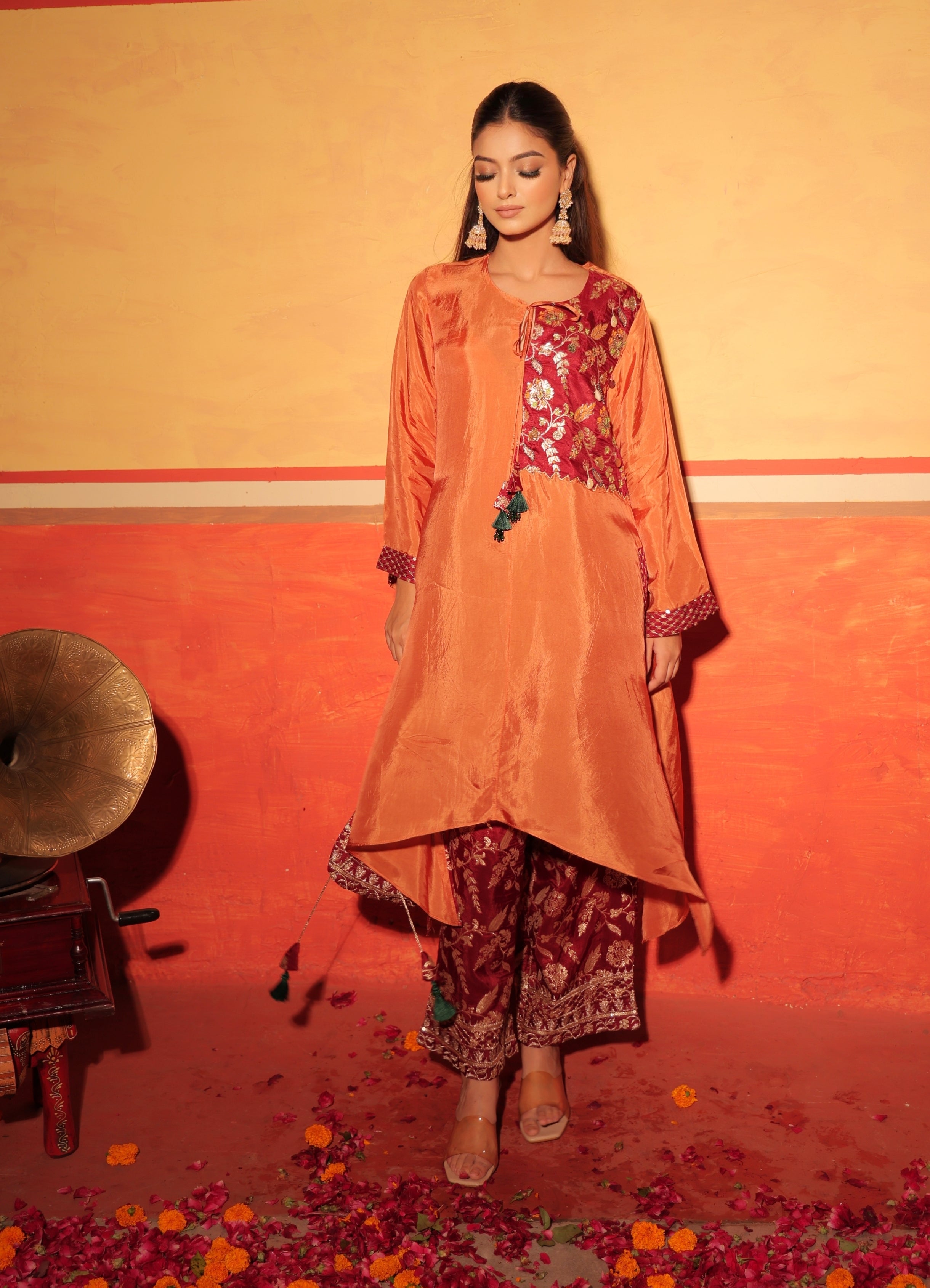 Rust Orange Brocade Kaftan Set
