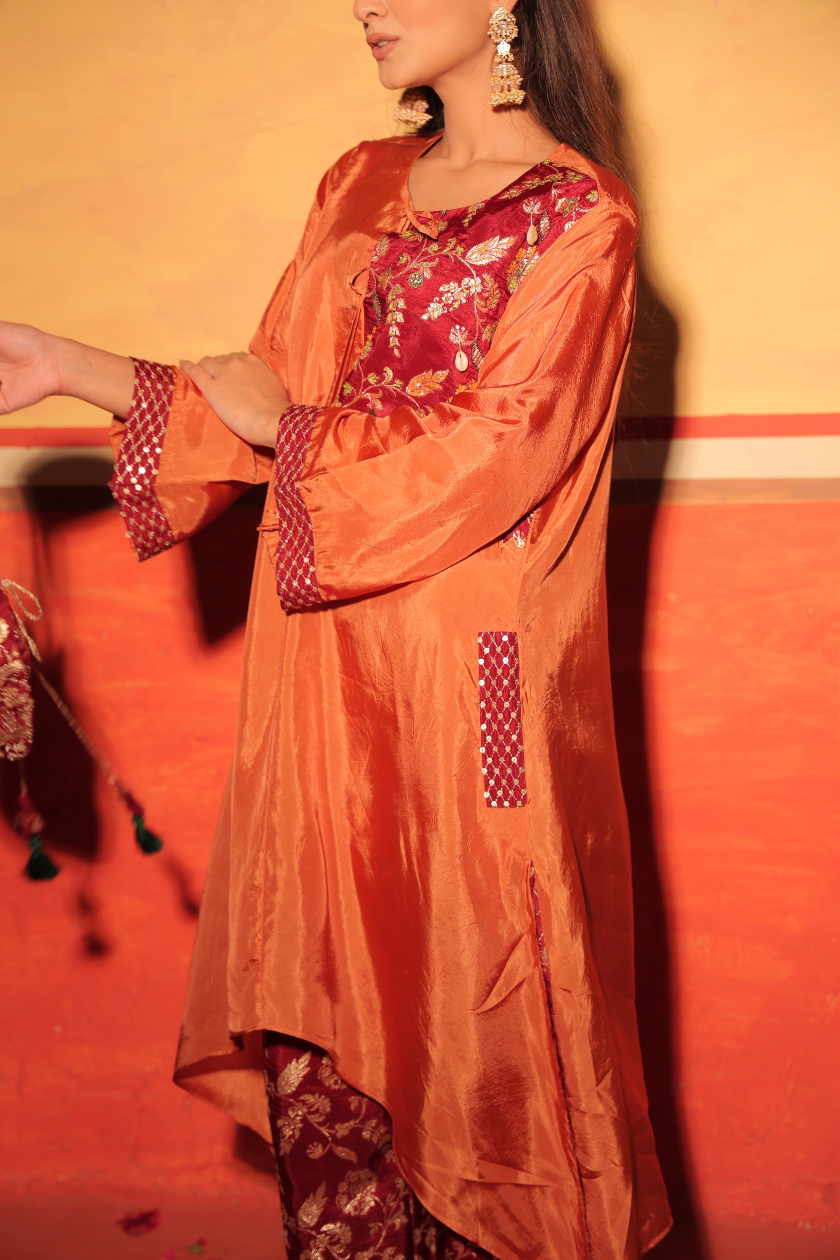 Rust Orange Brocade Kaftan Set
