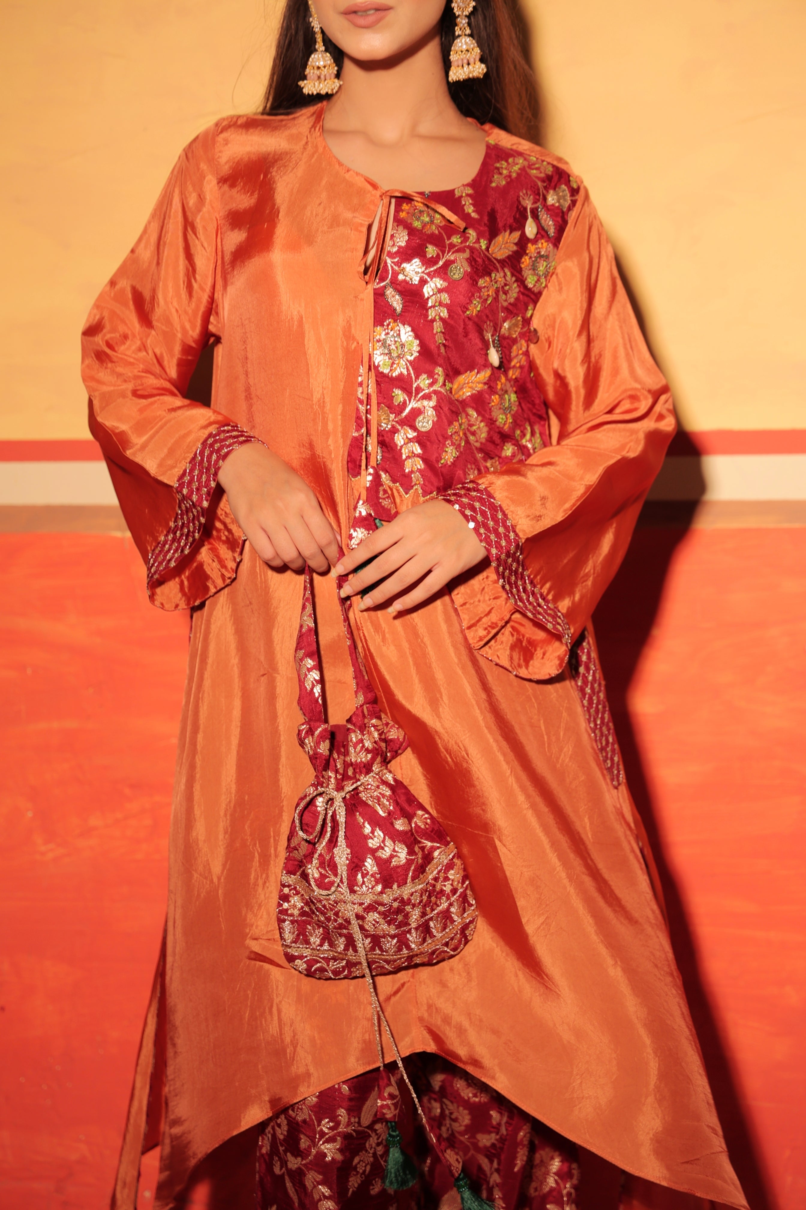 Rust Orange Brocade Kaftan Set