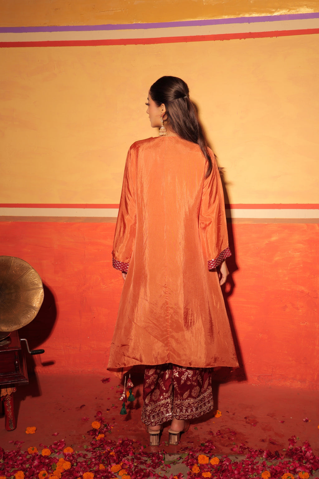 Rust Orange Brocade Kaftan Set