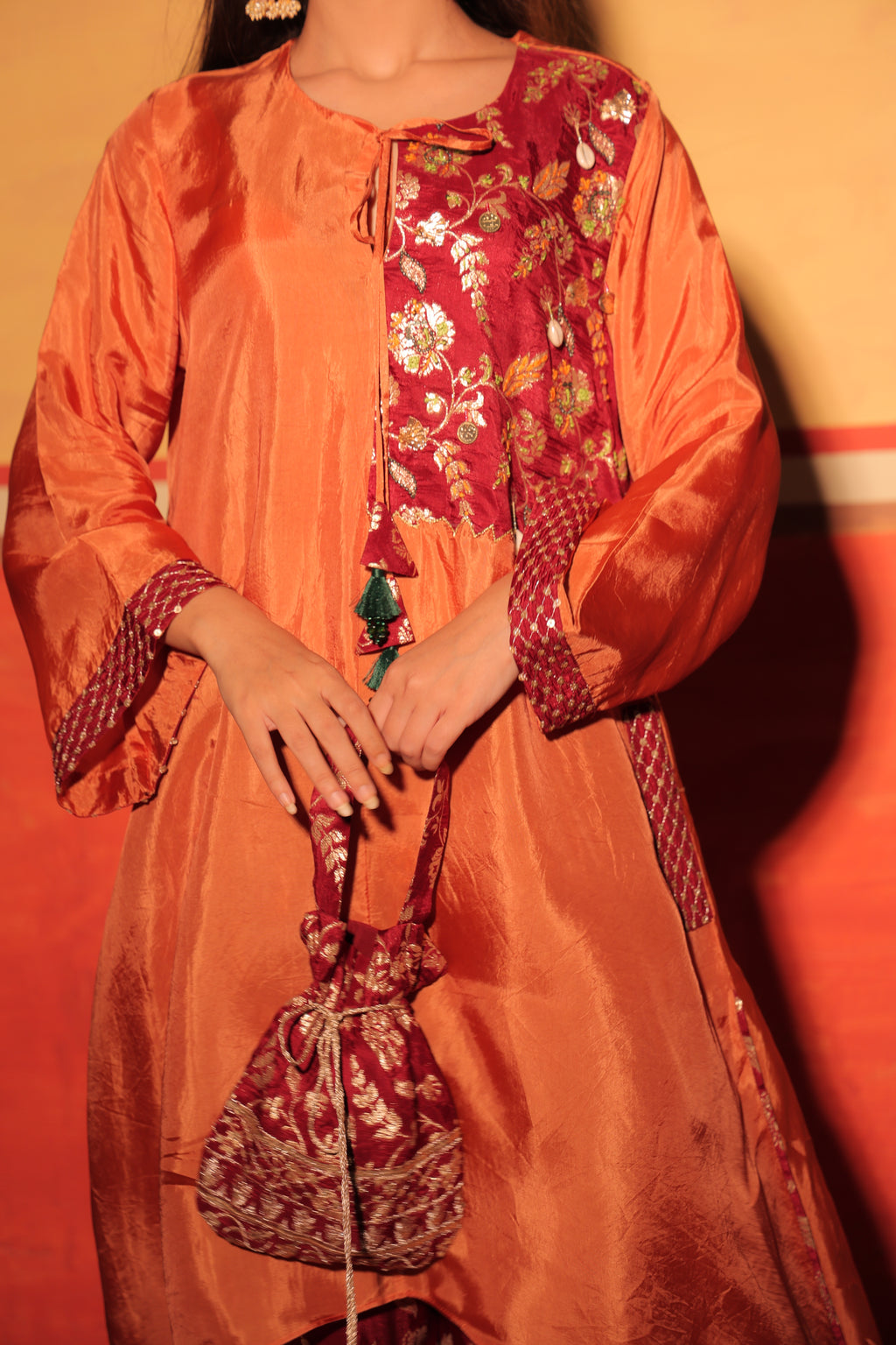Rust Orange Brocade Kaftan Set