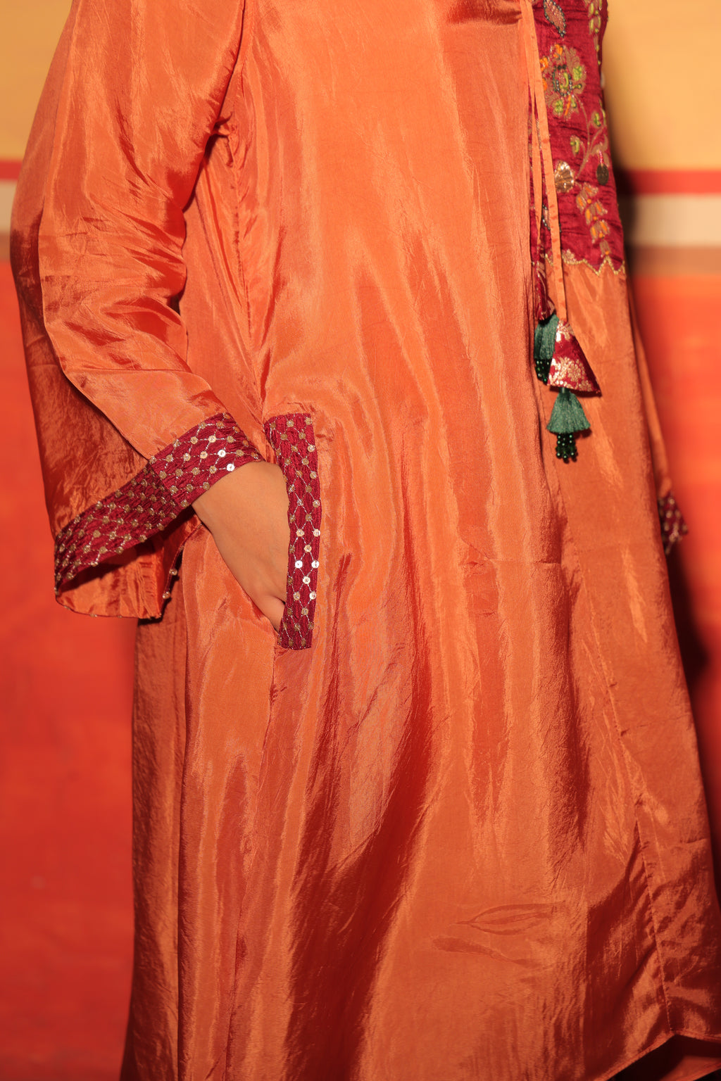 Rust Orange Brocade Kaftan Set