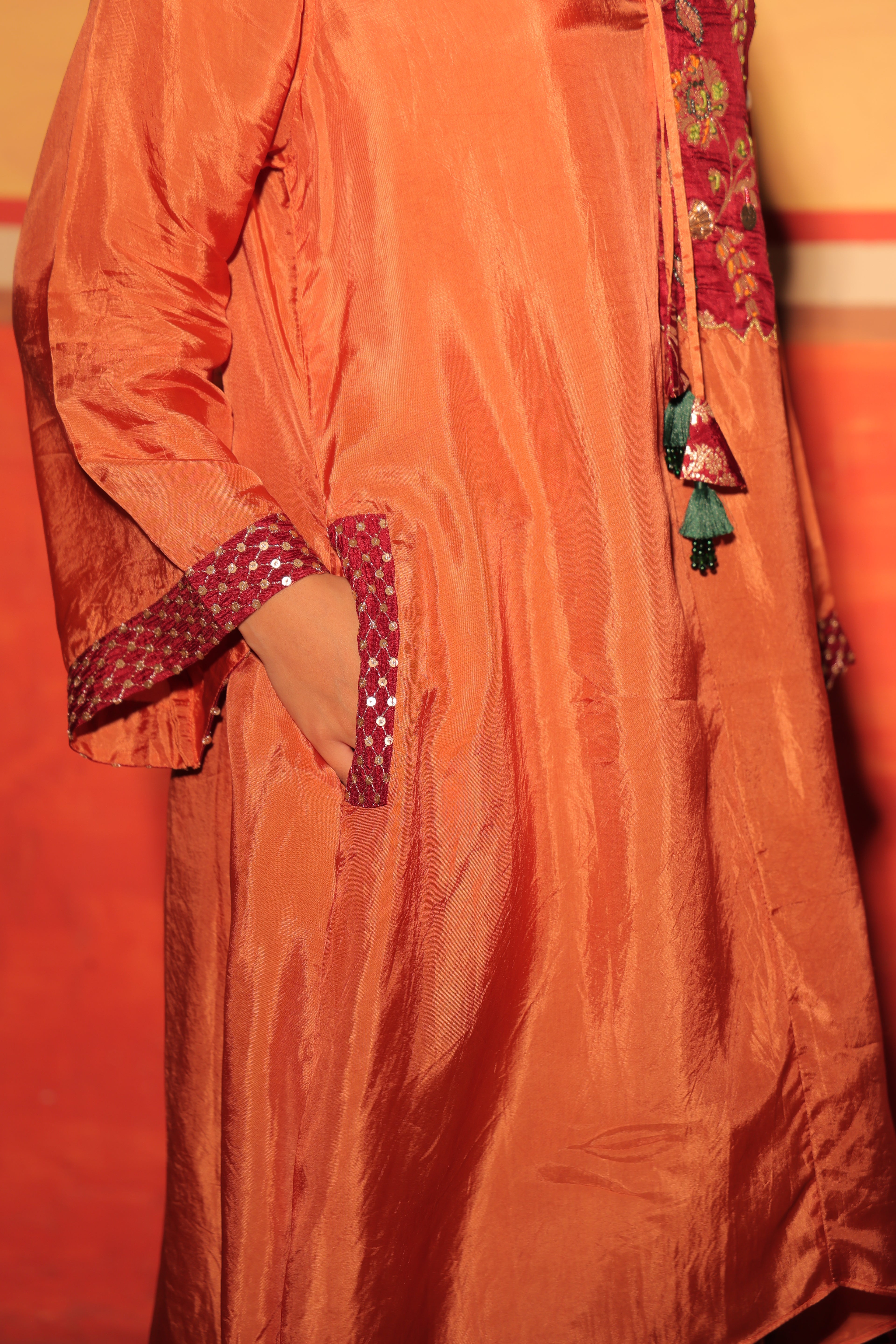 Rust Orange Brocade Kaftan Set