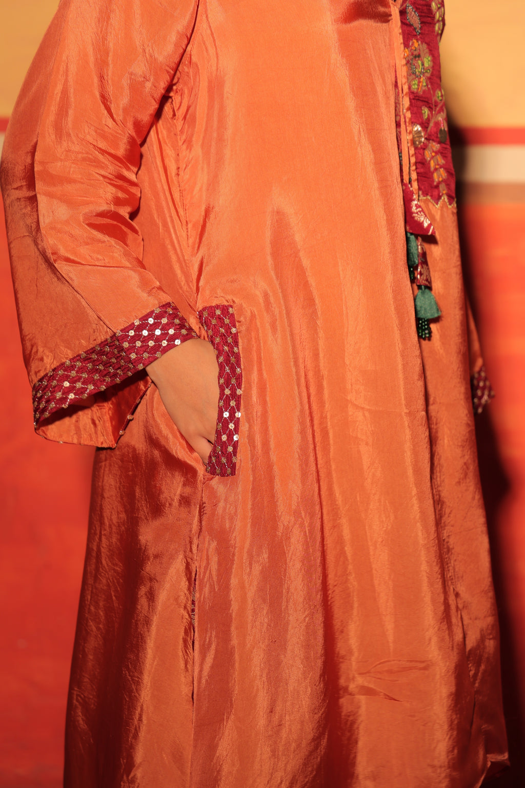 Rust Orange Brocade Kaftan Set
