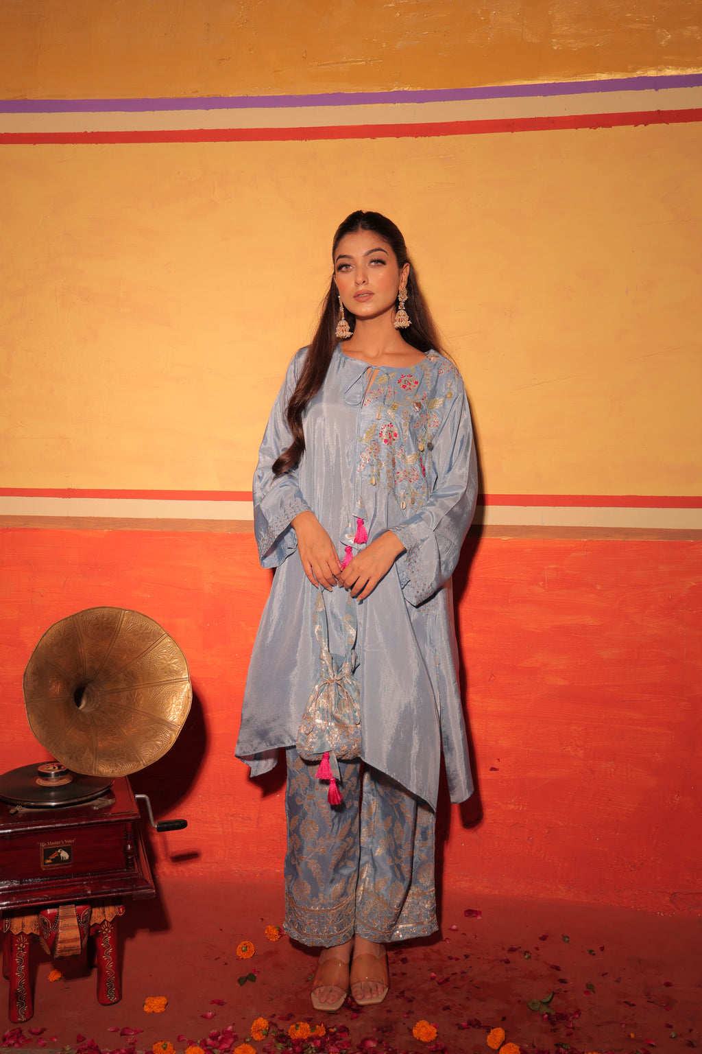 Powder Blue Brocade Kaftan Set