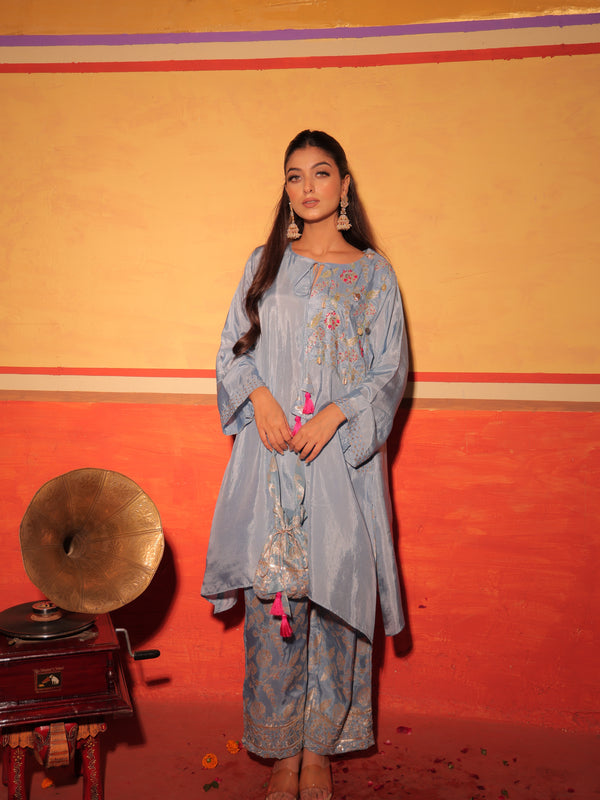Powder Blue Brocade Kaftan Set