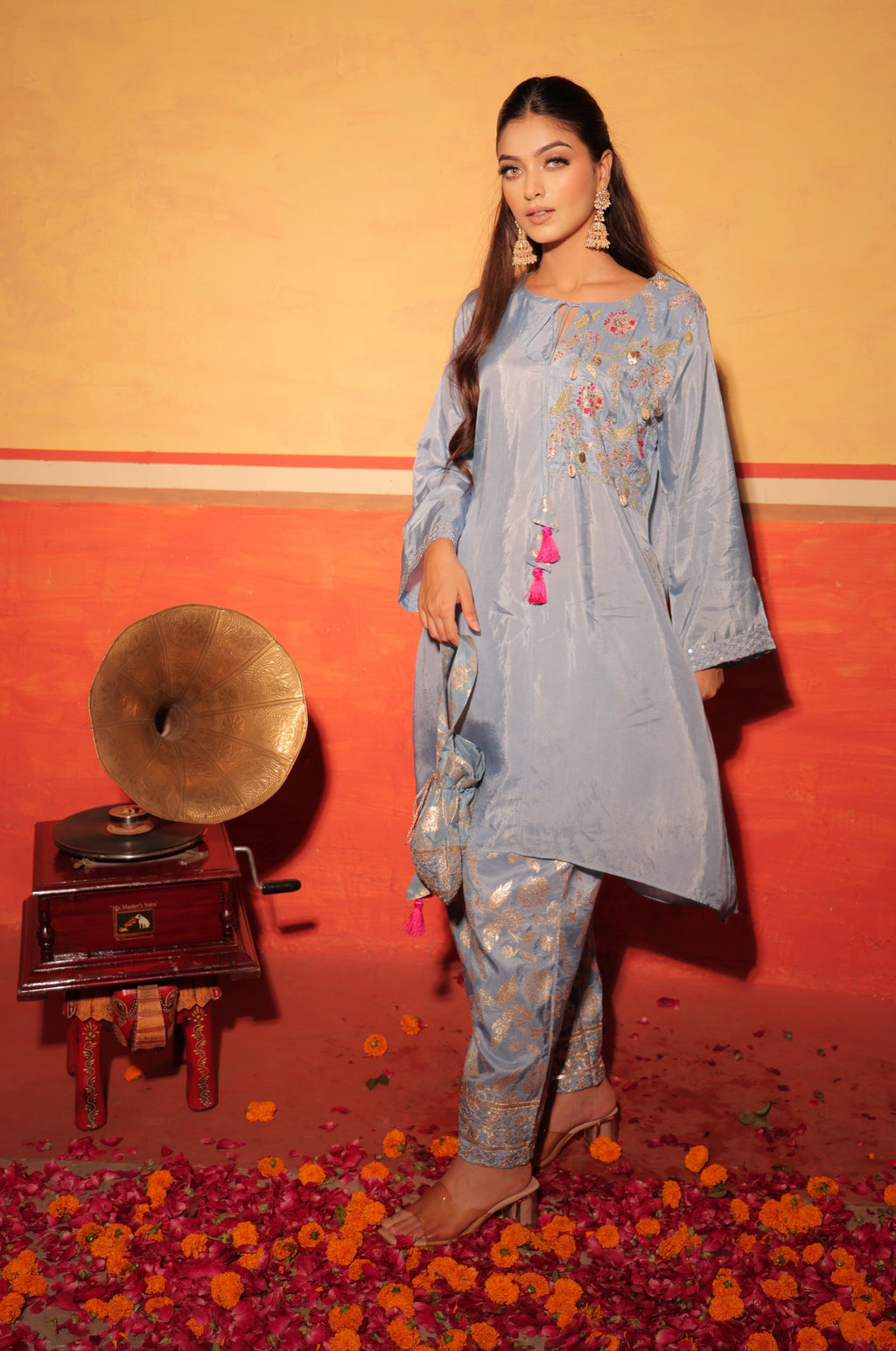 Powder Blue Brocade Kaftan Set