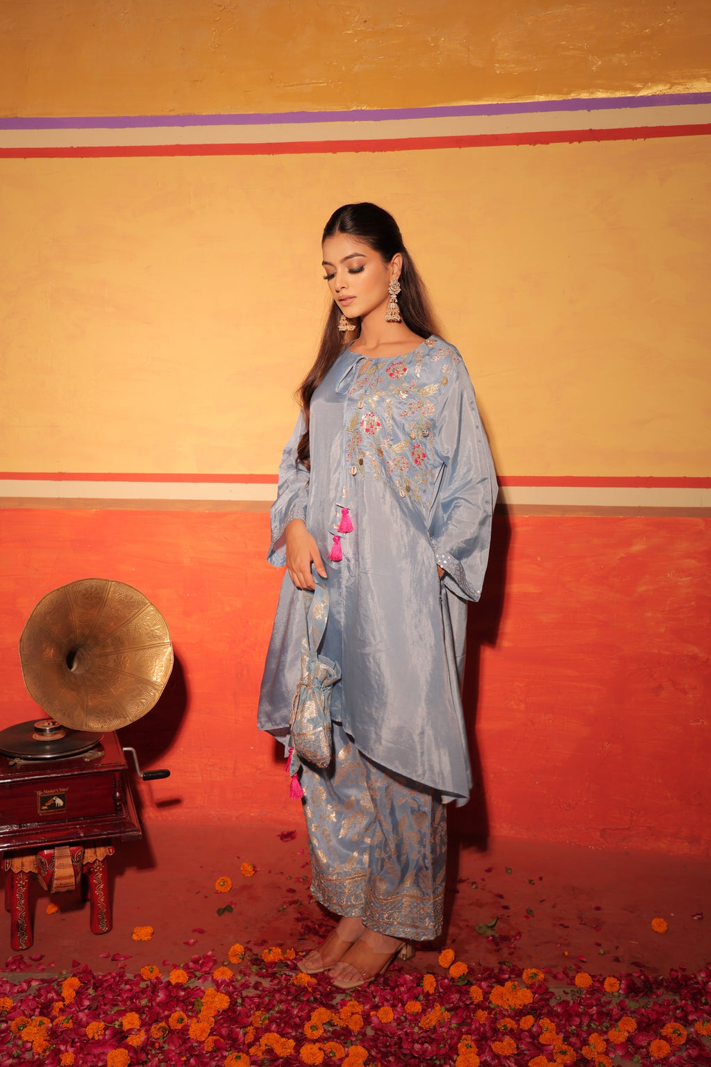 Powder Blue Brocade Kaftan Set
