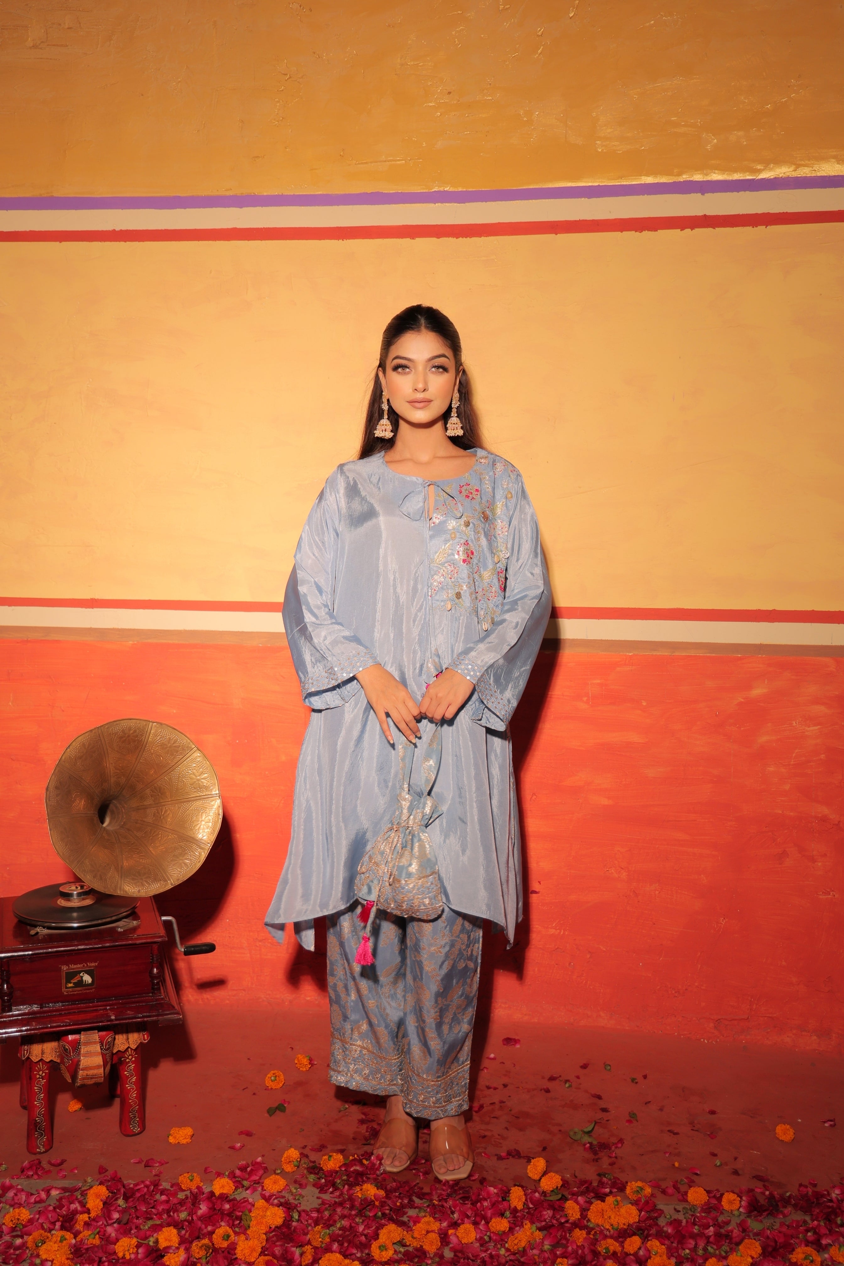 Powder Blue Brocade Kaftan Set