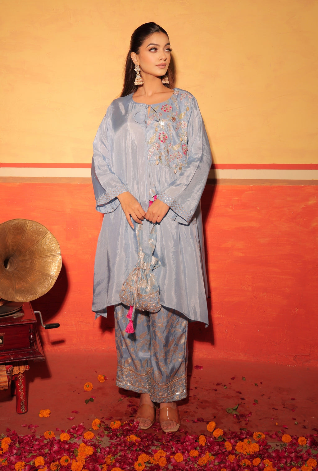 Powder Blue Brocade Kaftan Set