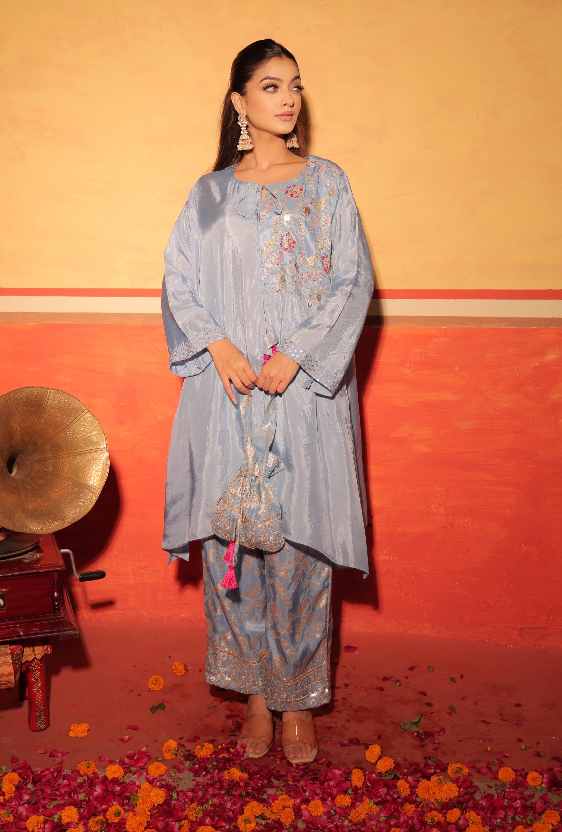 Powder Blue Brocade Kaftan Set