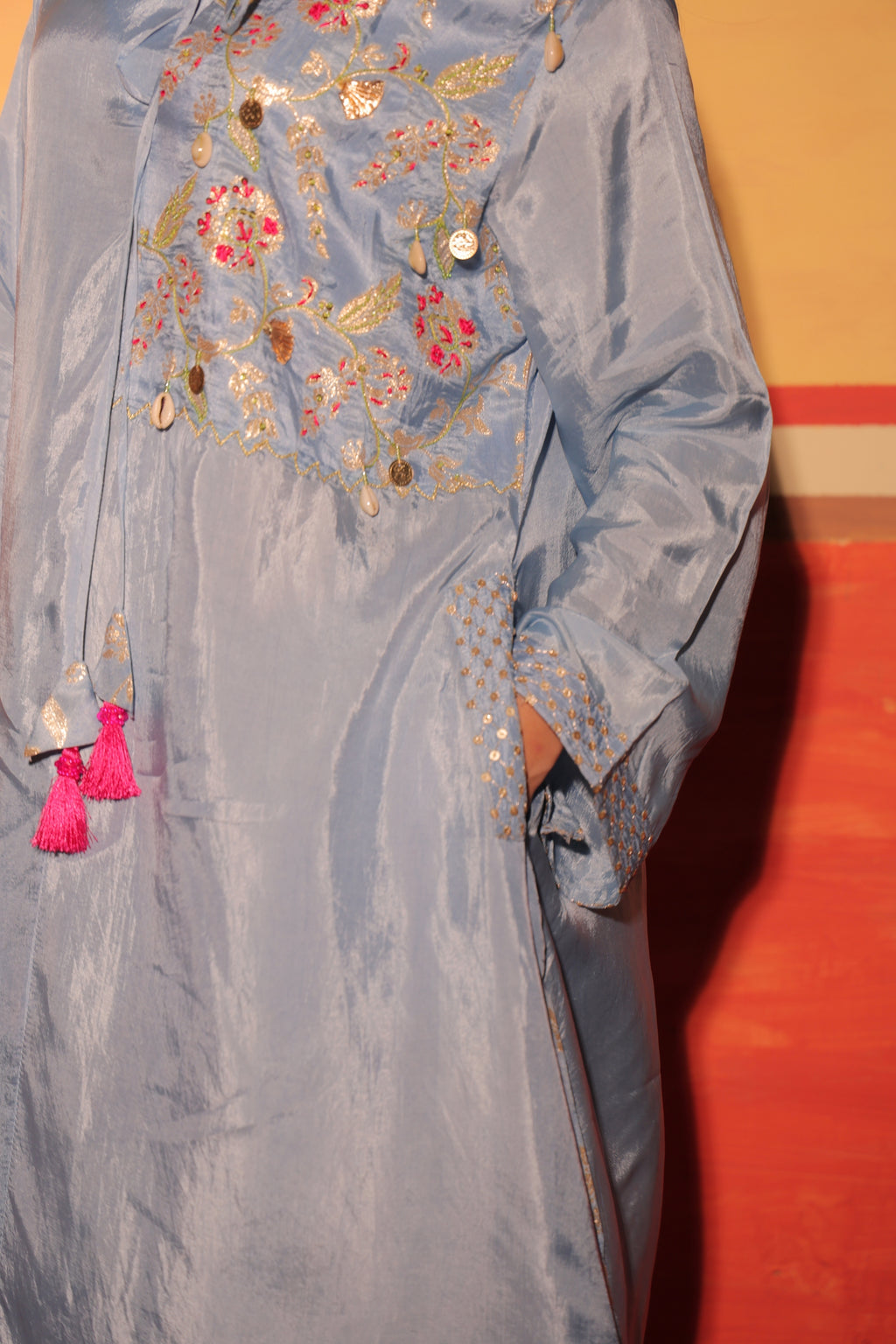 Powder Blue Brocade Kaftan Set