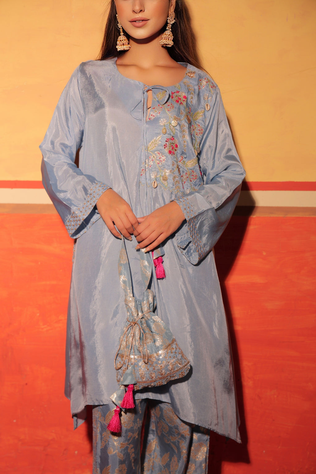 Powder Blue Brocade Kaftan Set