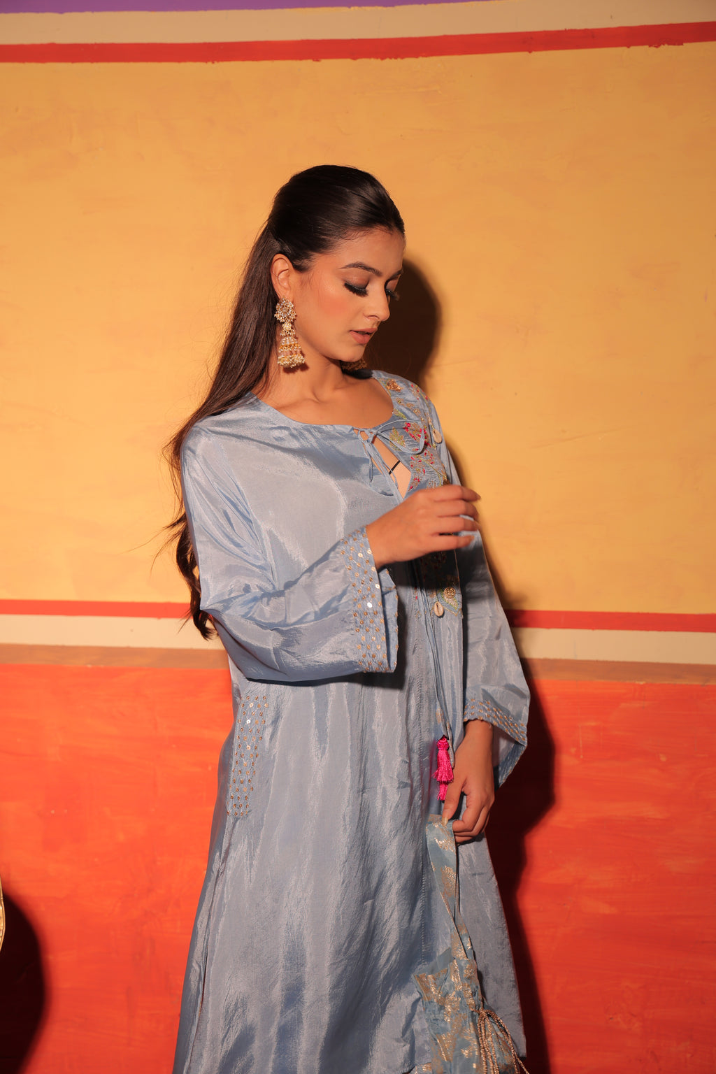 Powder Blue Brocade Kaftan Set