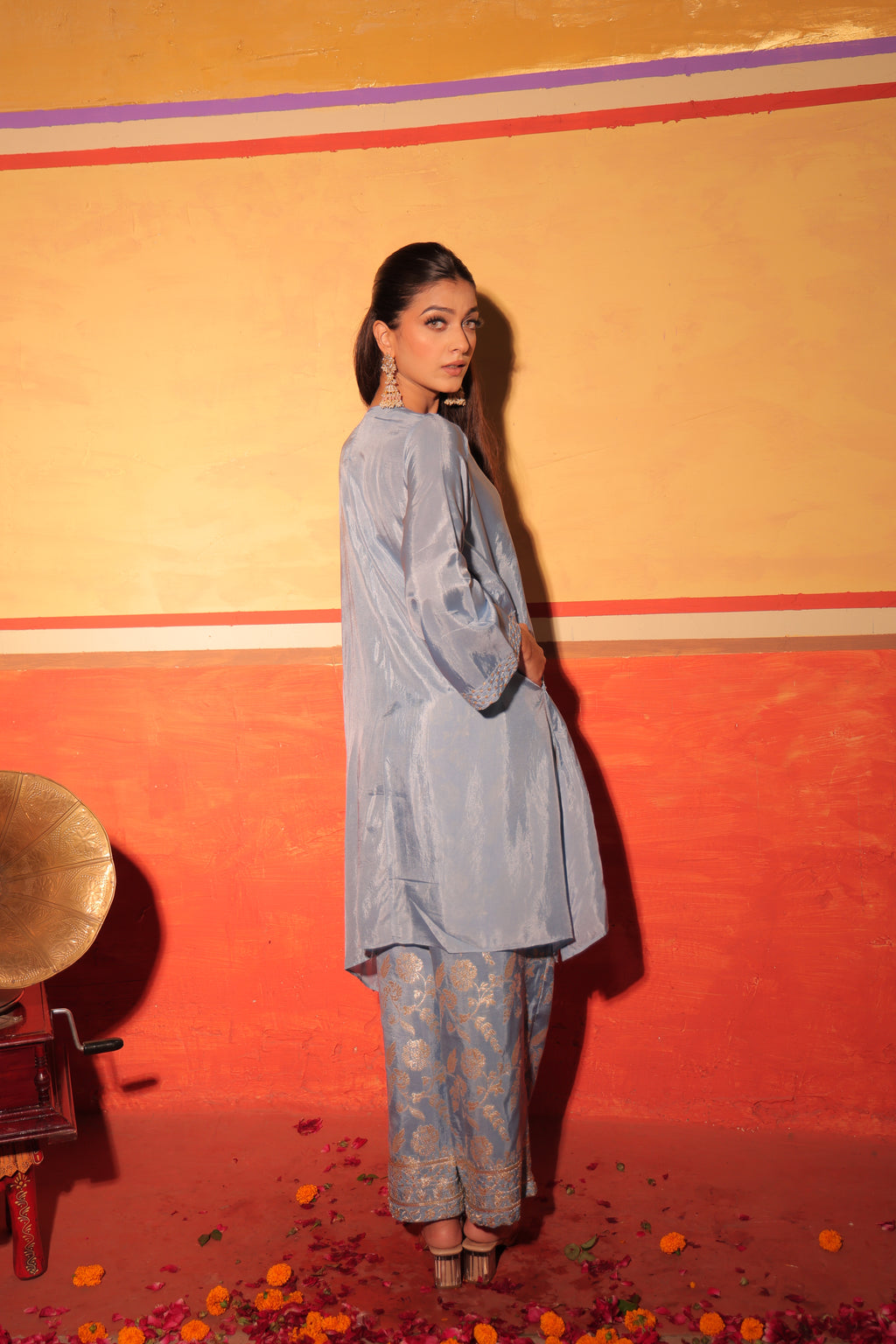 Powder Blue Brocade Kaftan Set
