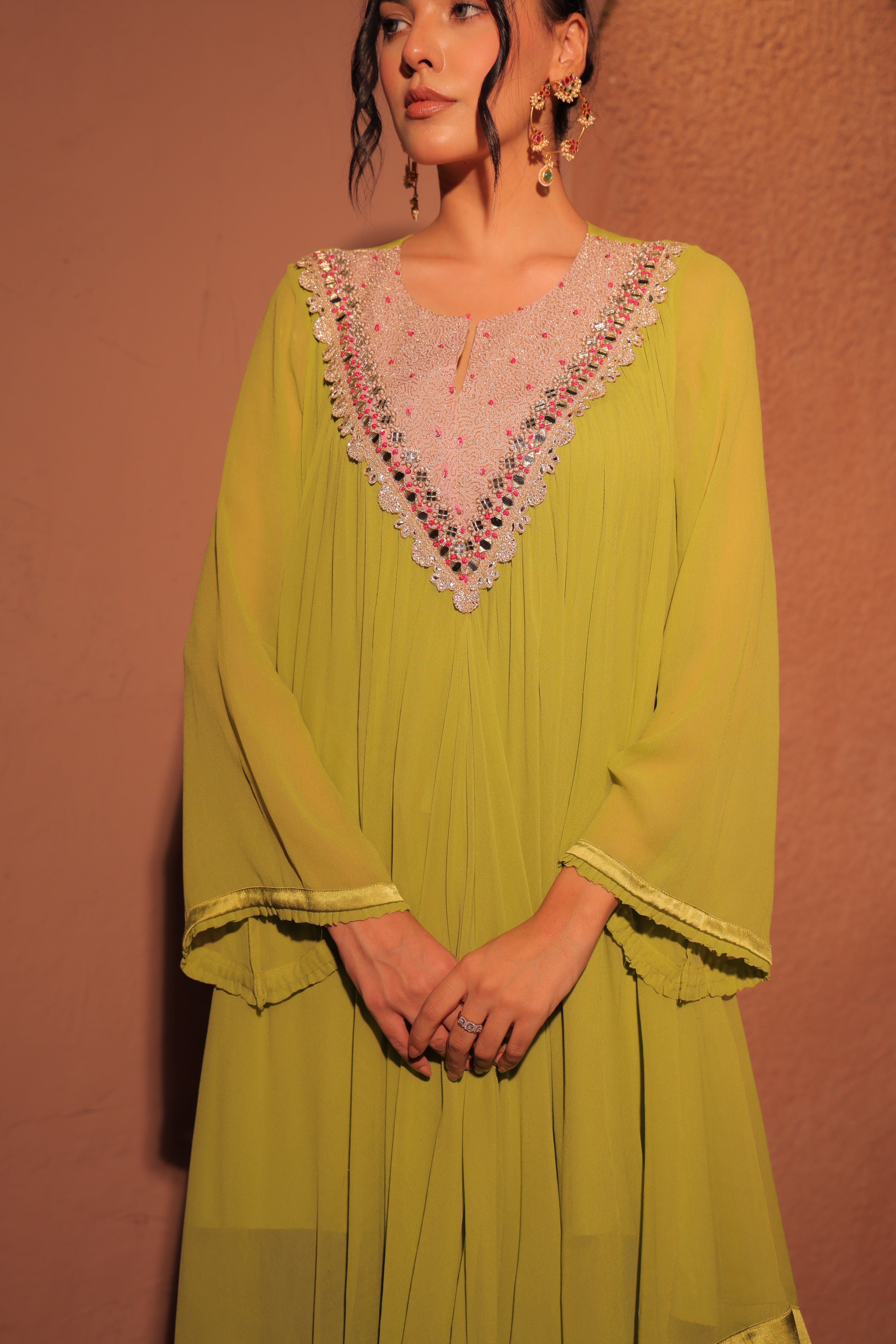 Lime Green Embroidered Kaftan Set