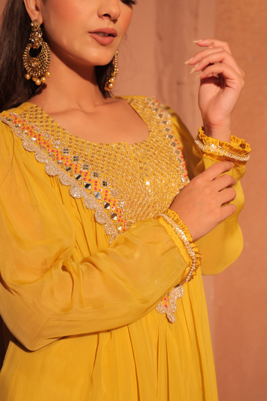Mustard Yellow Embellished Kaftan Set