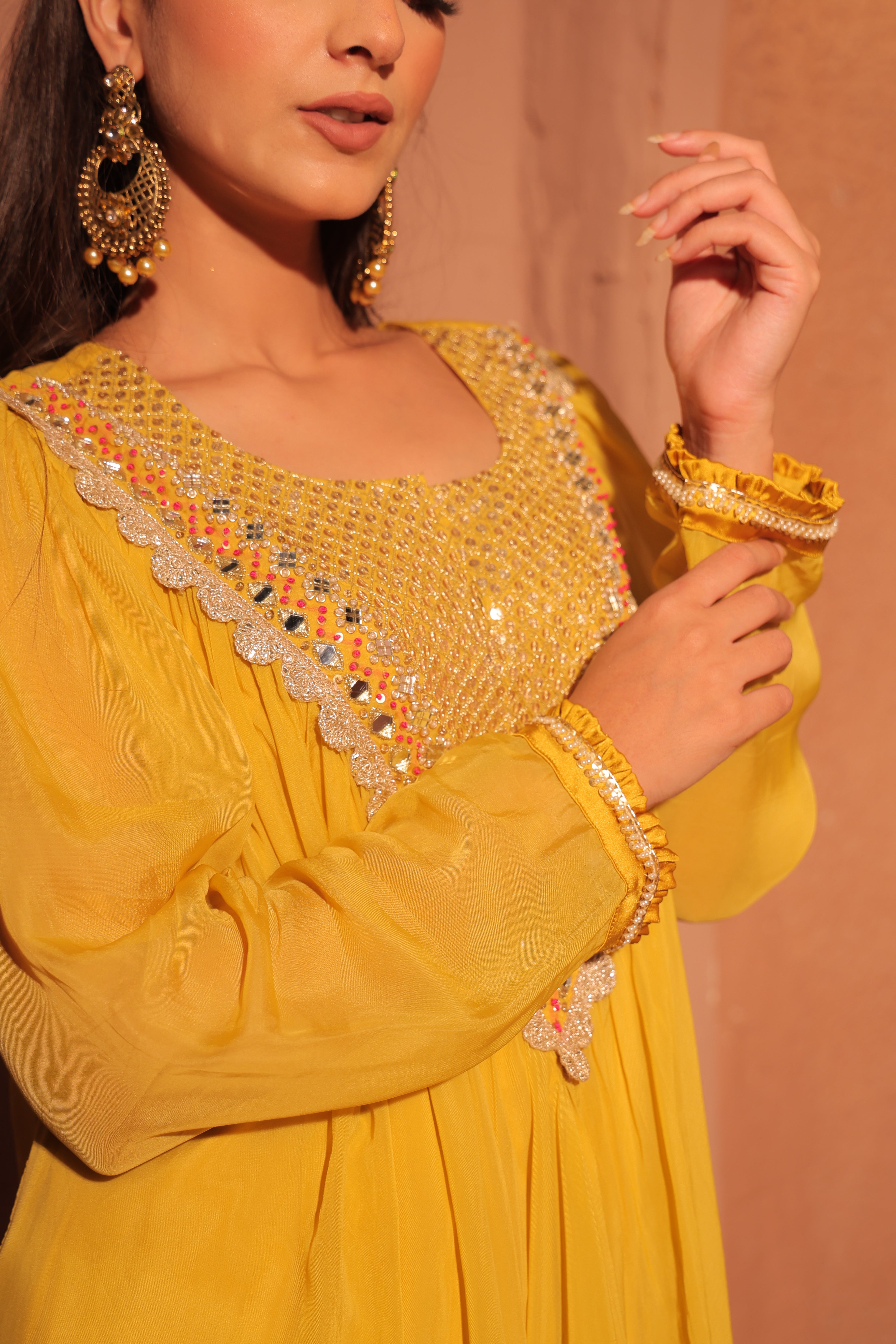 Mustard Yellow Embellished Kaftan Set