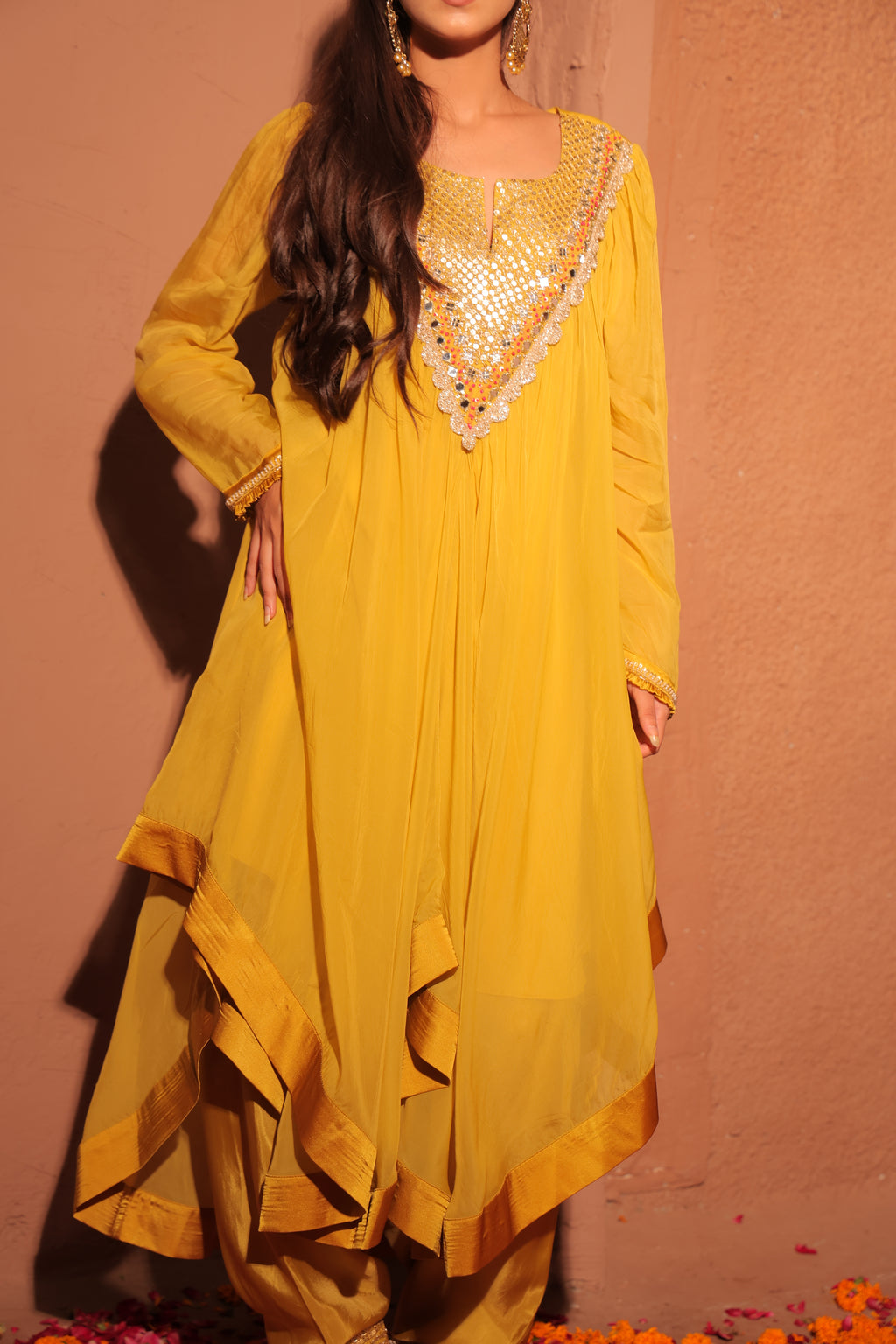 Mustard Yellow Embellished Kaftan Set