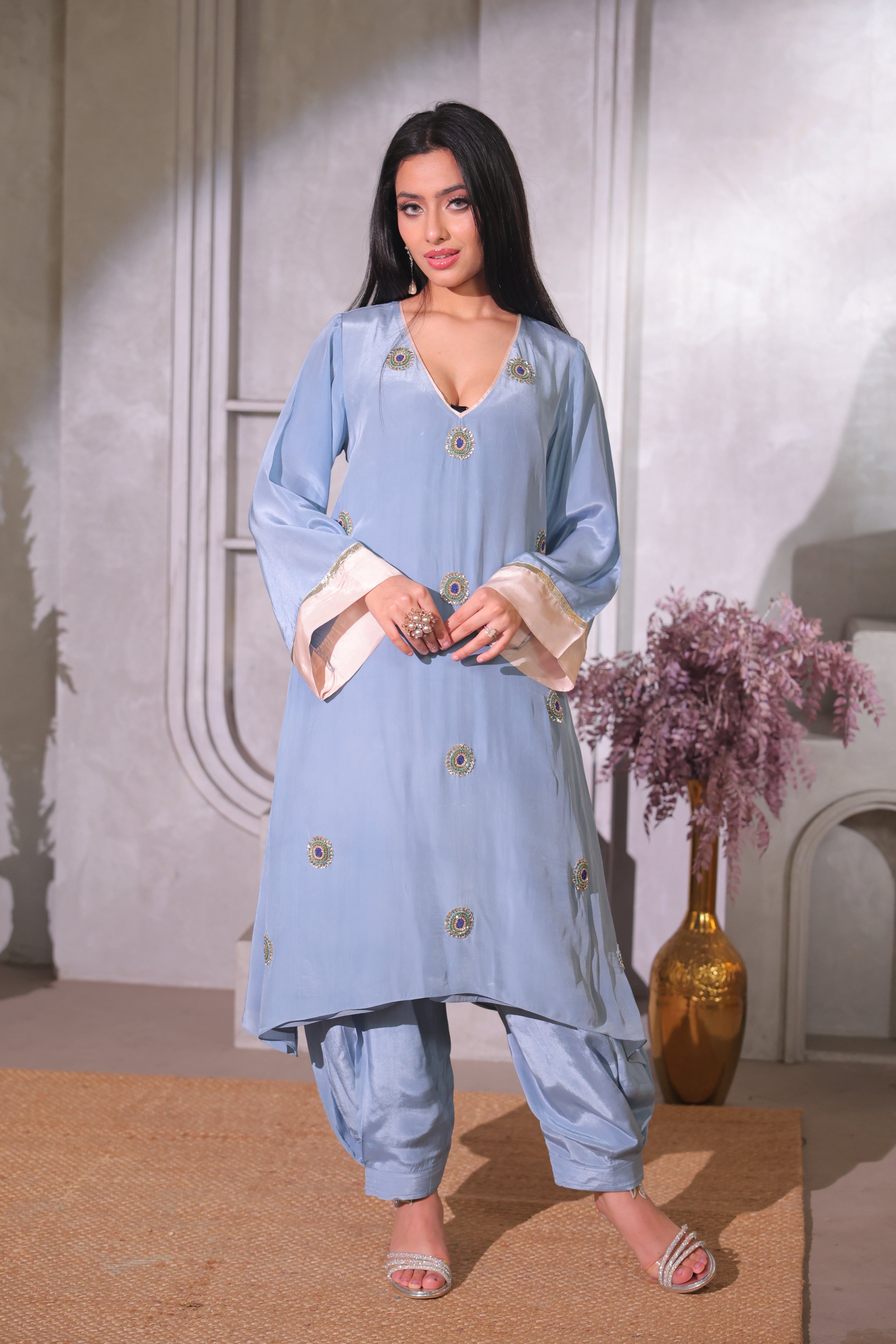 Powder Blue Embroidered Kaftan Set