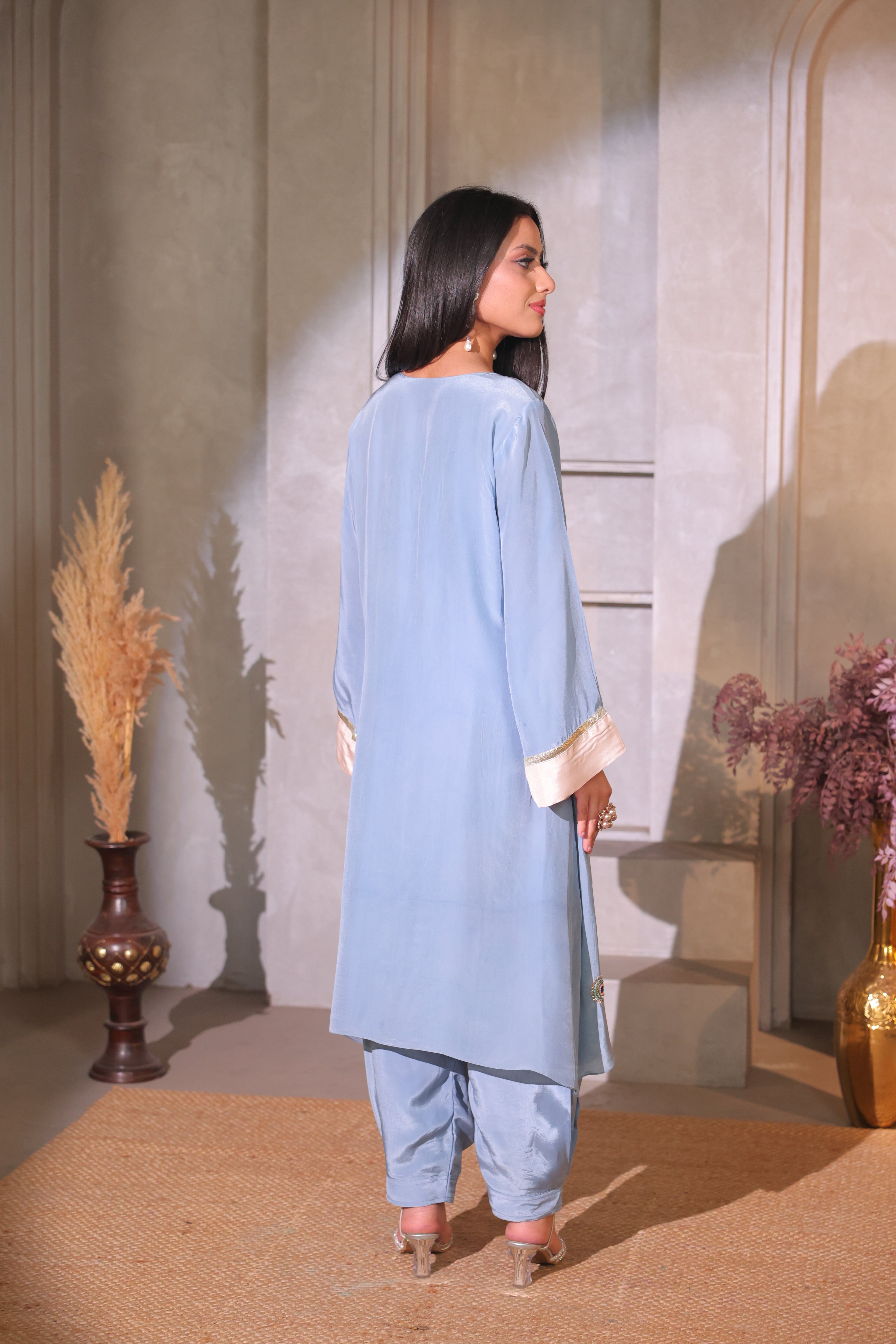 Powder Blue Embroidered Kaftan Set