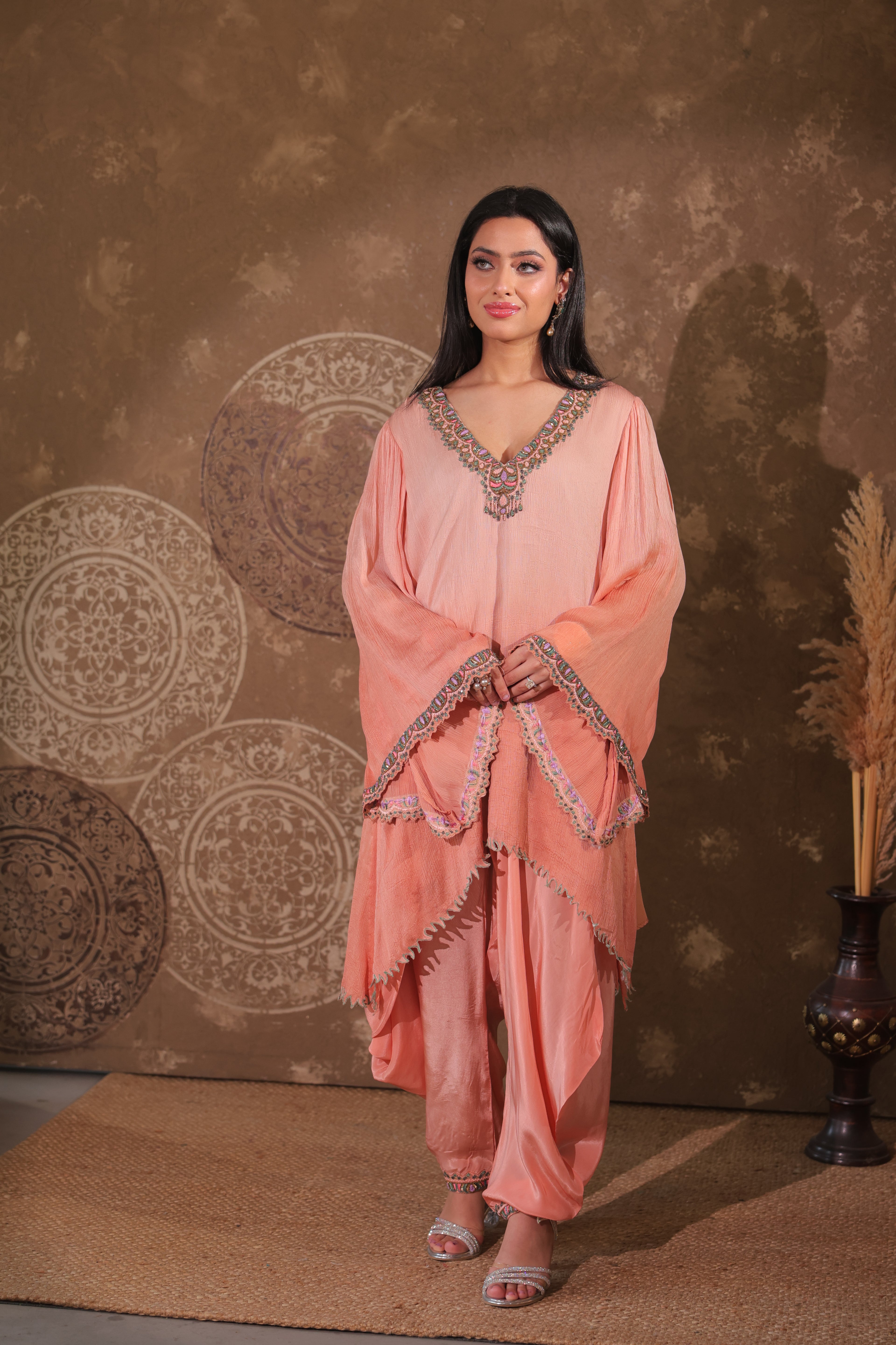 Peach Draped Kaftan Set
