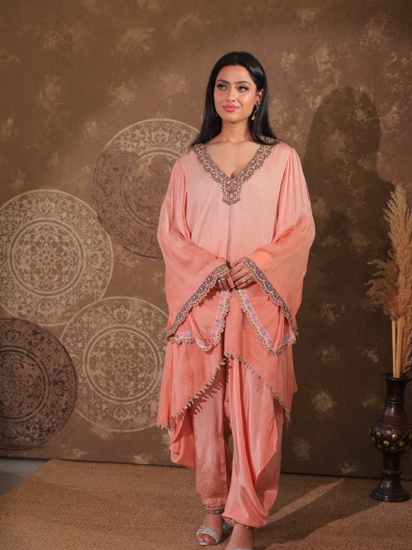Peach Draped Kaftan Set