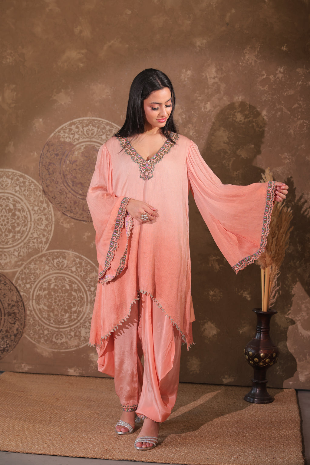 Peach Draped Kaftan Set