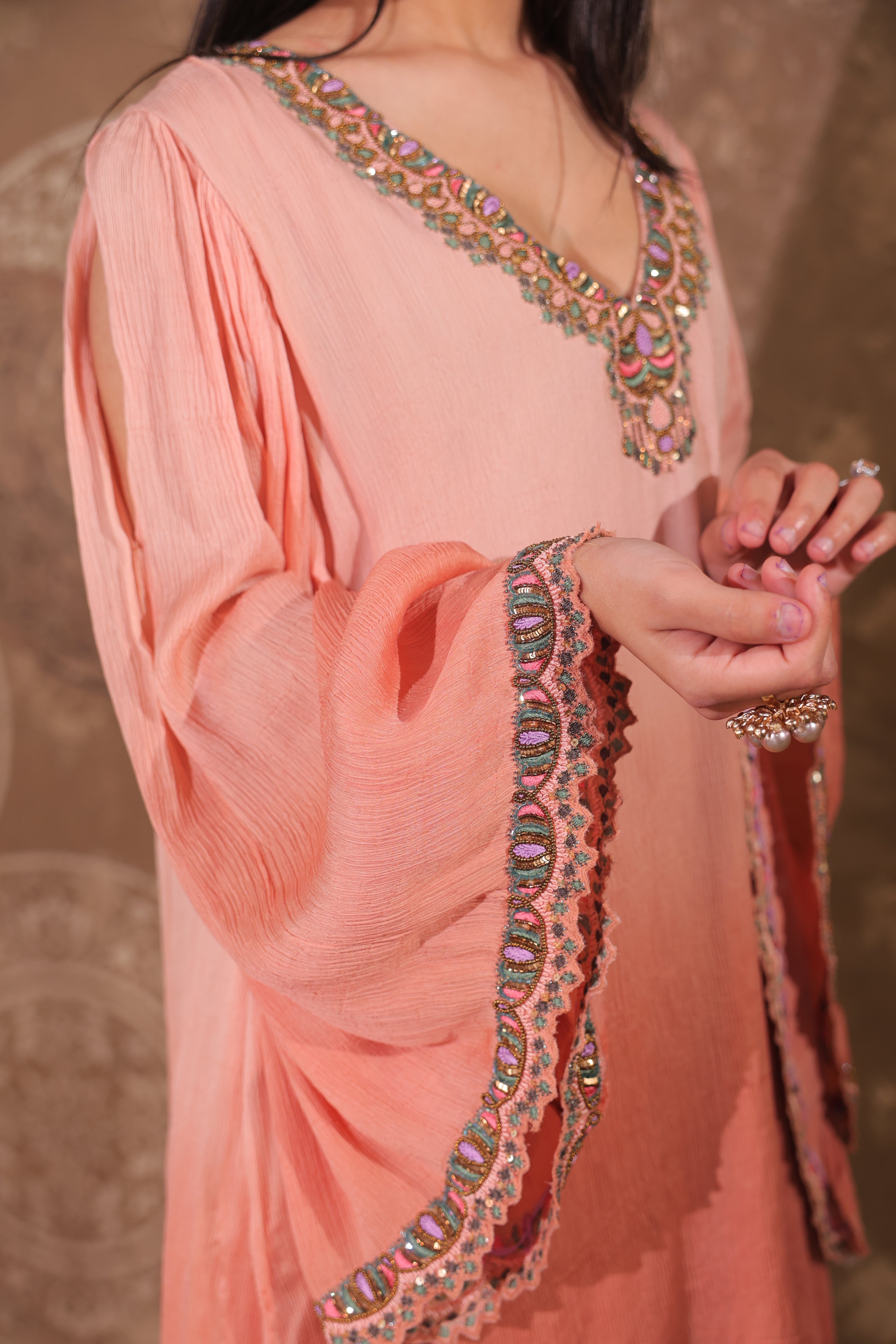 Peach Draped Kaftan Set