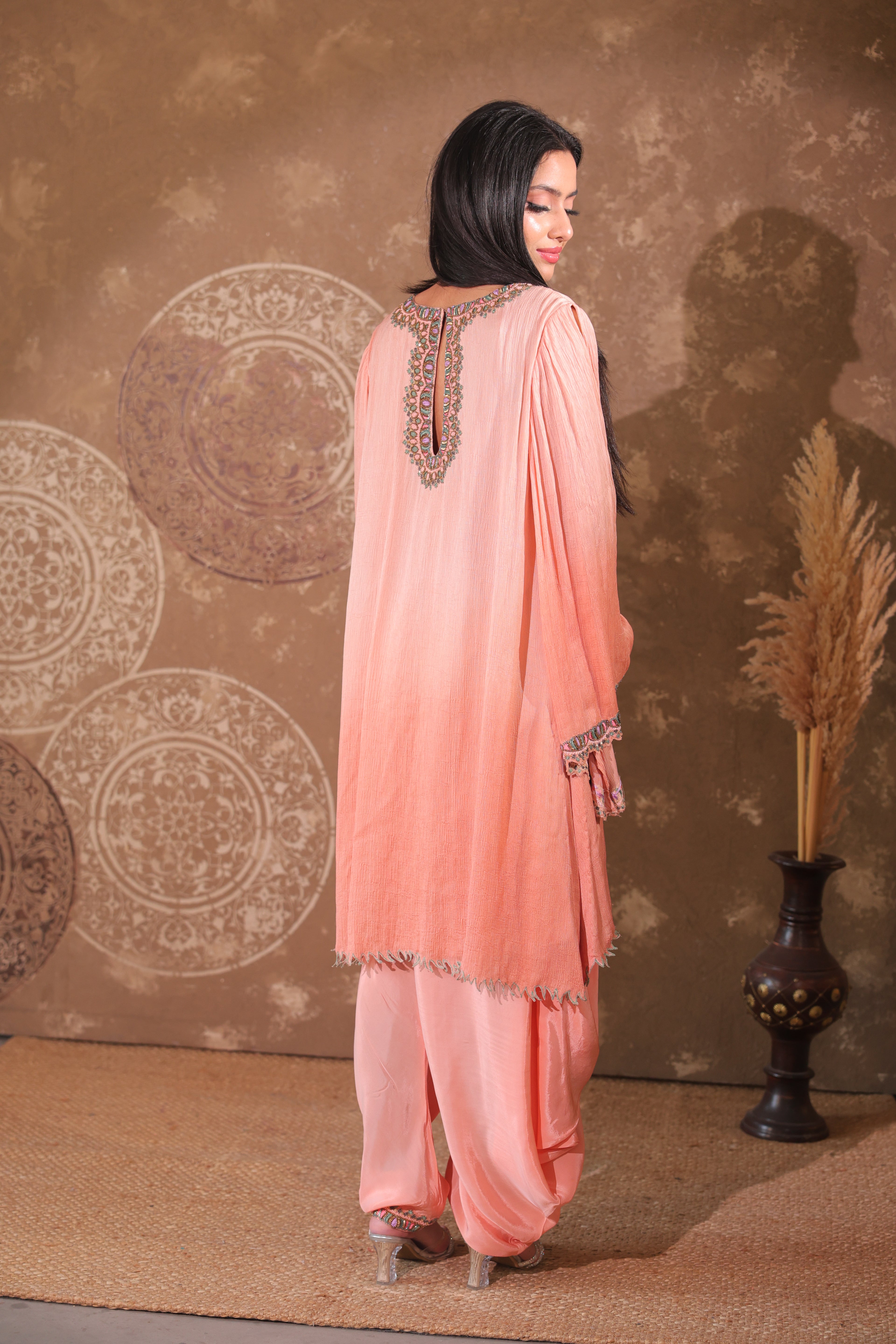 Peach Draped Kaftan Set