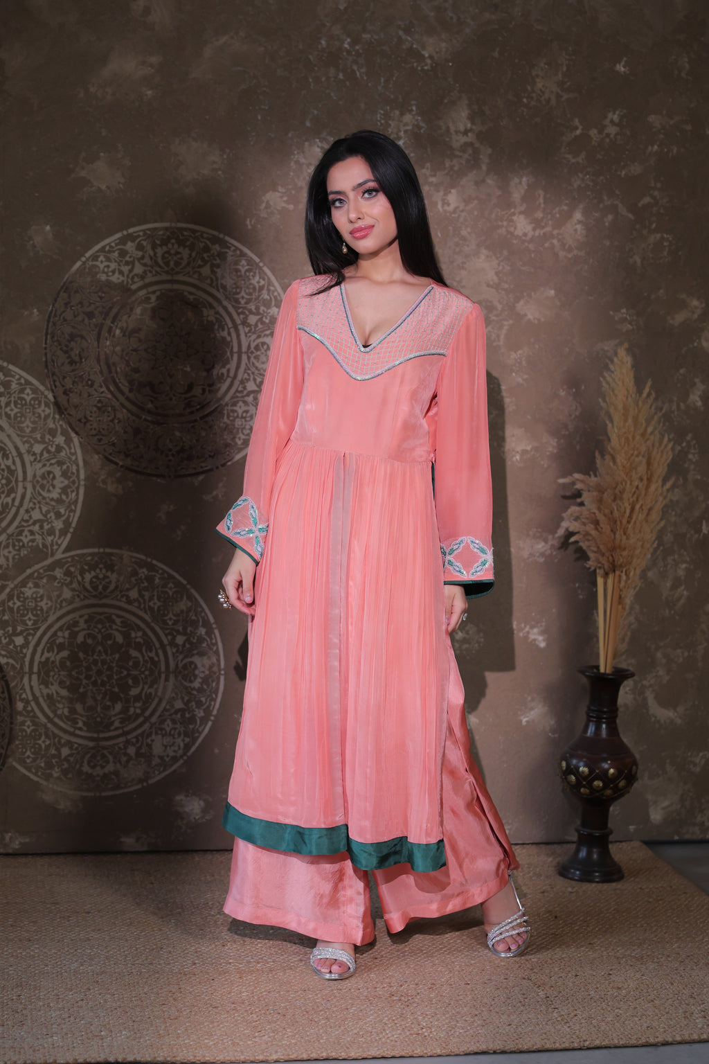 Peach Panelled Kurta Set