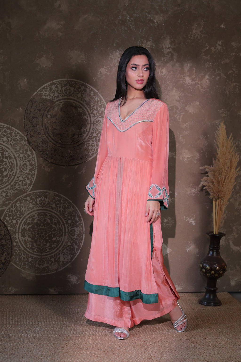 Peach Panelled Kurta Set