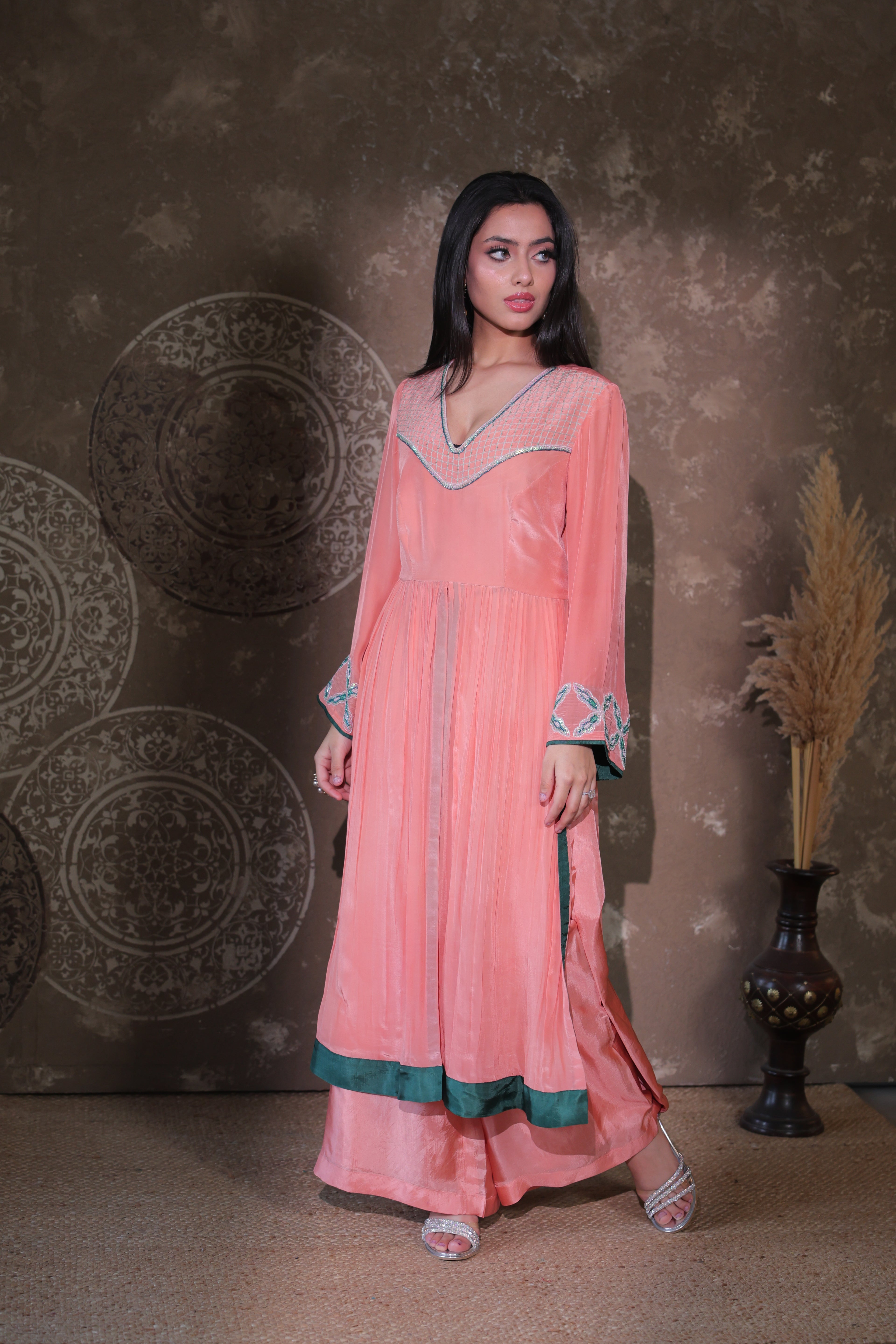 Peach Panelled Kurta Set
