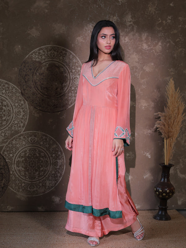 Peach Panelled Kurta Set