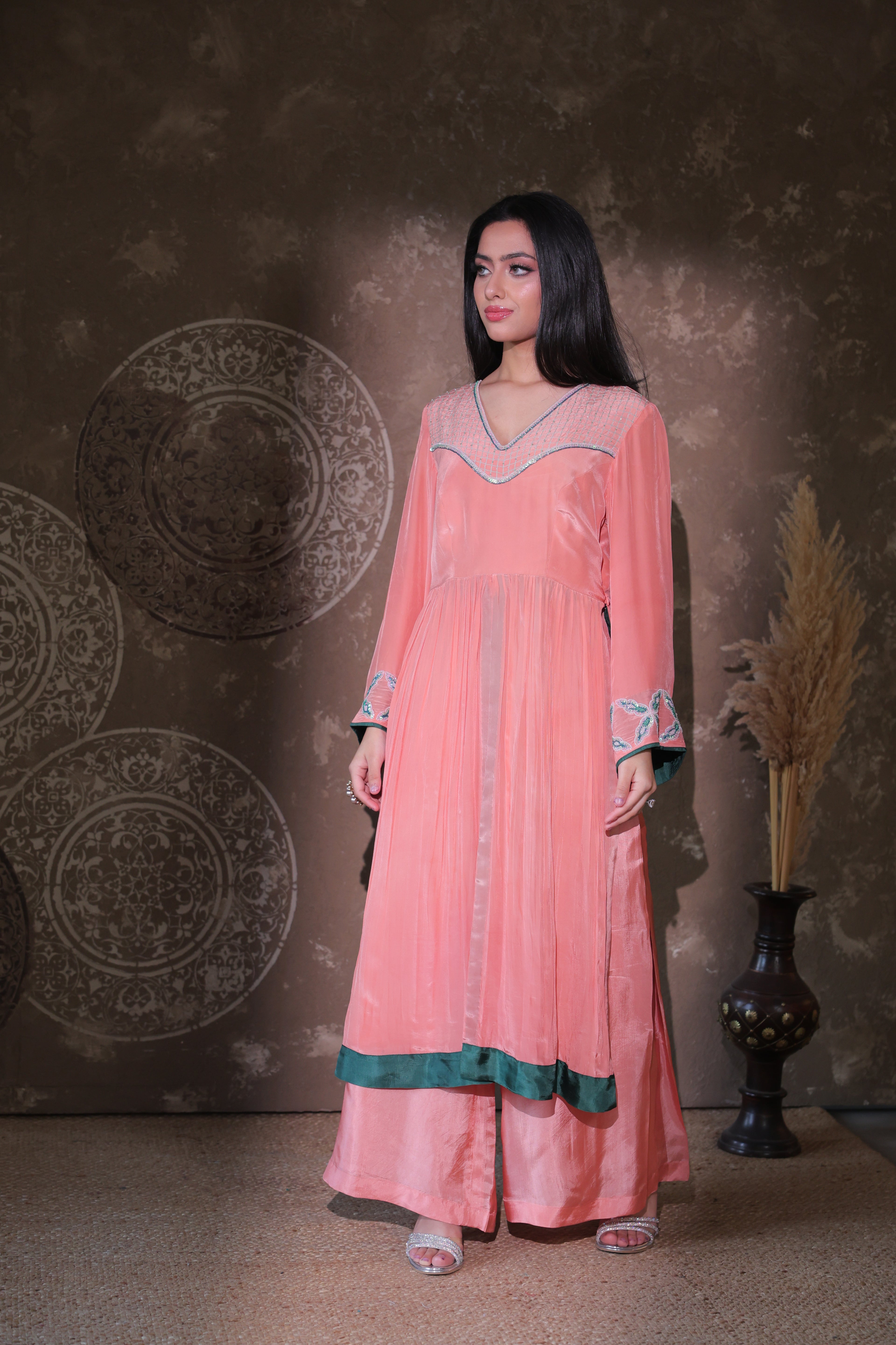Peach Panelled Kurta Set