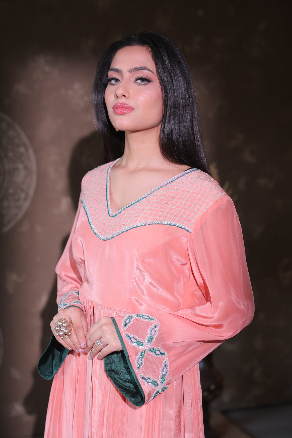 Peach Panelled Kurta Set