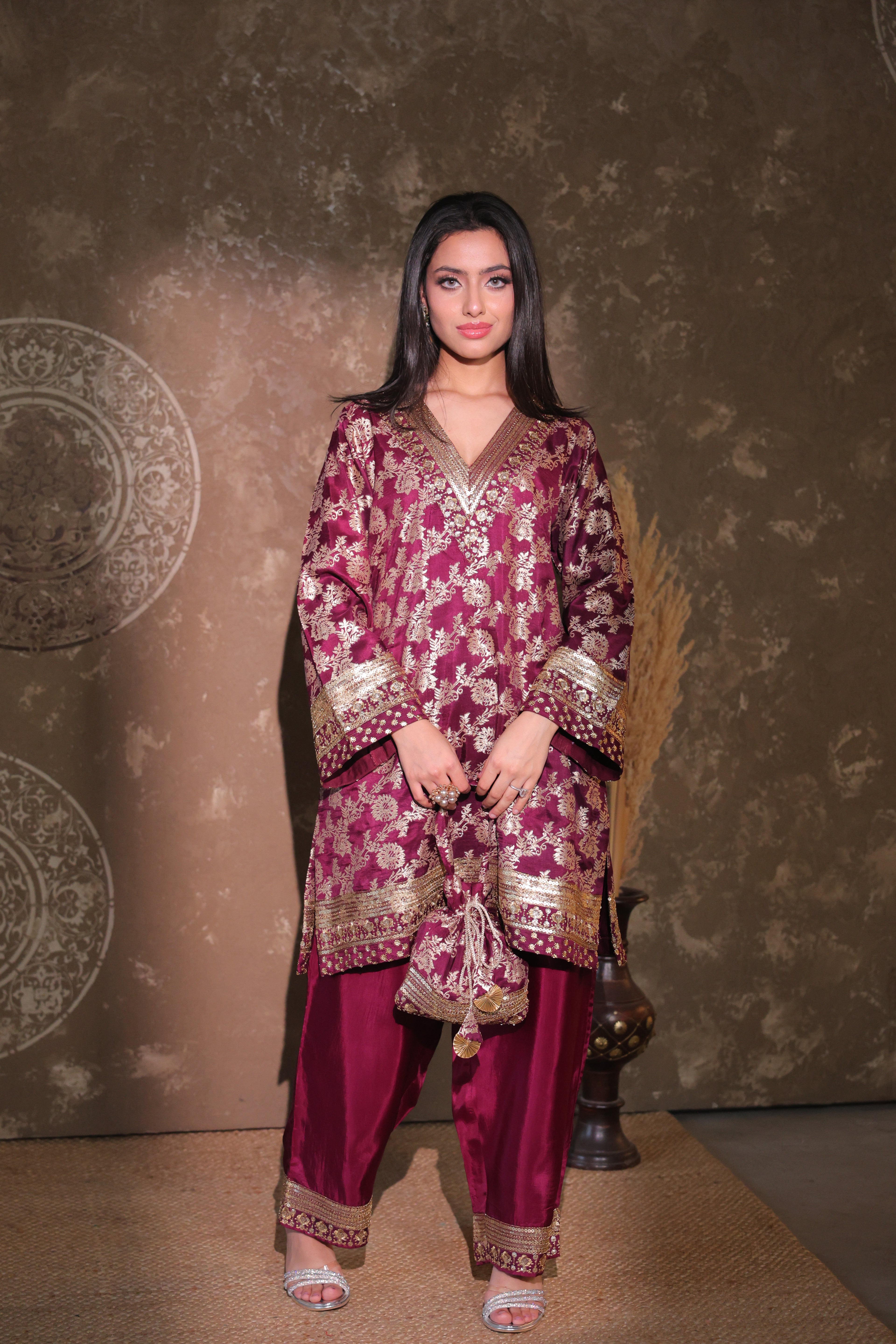 Maroon Brocade Co-ord Set