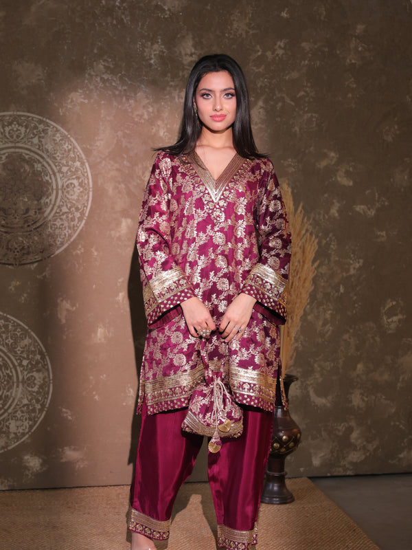 Maroon Brocade Co-ord Set