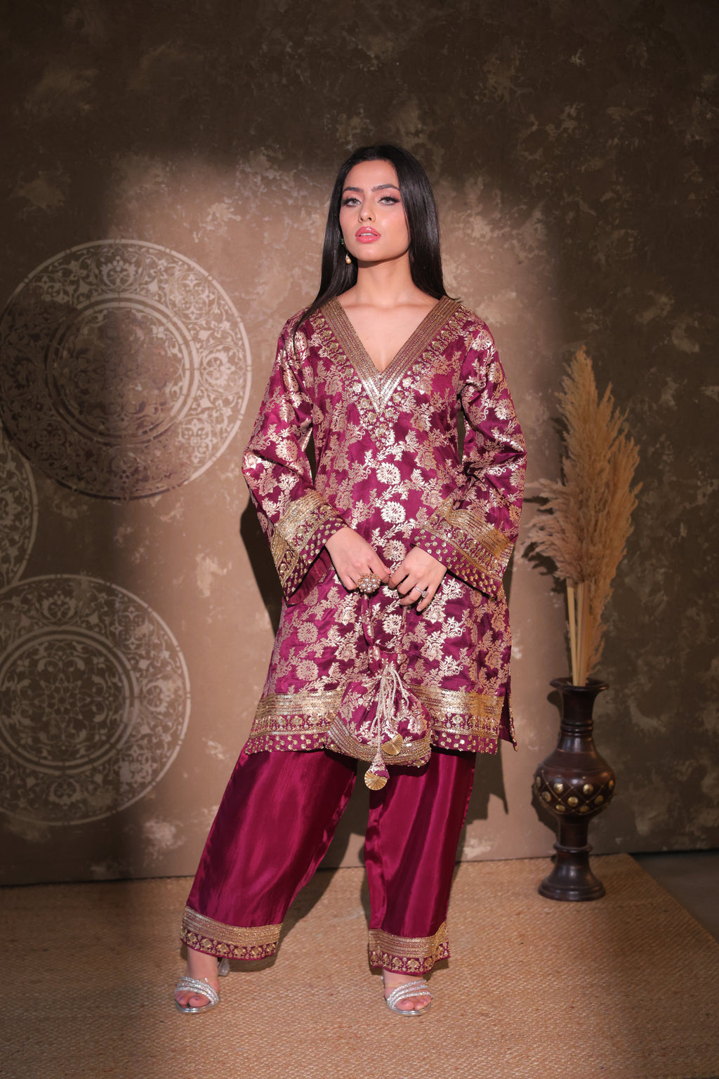 Maroon Brocade Co-ord Set