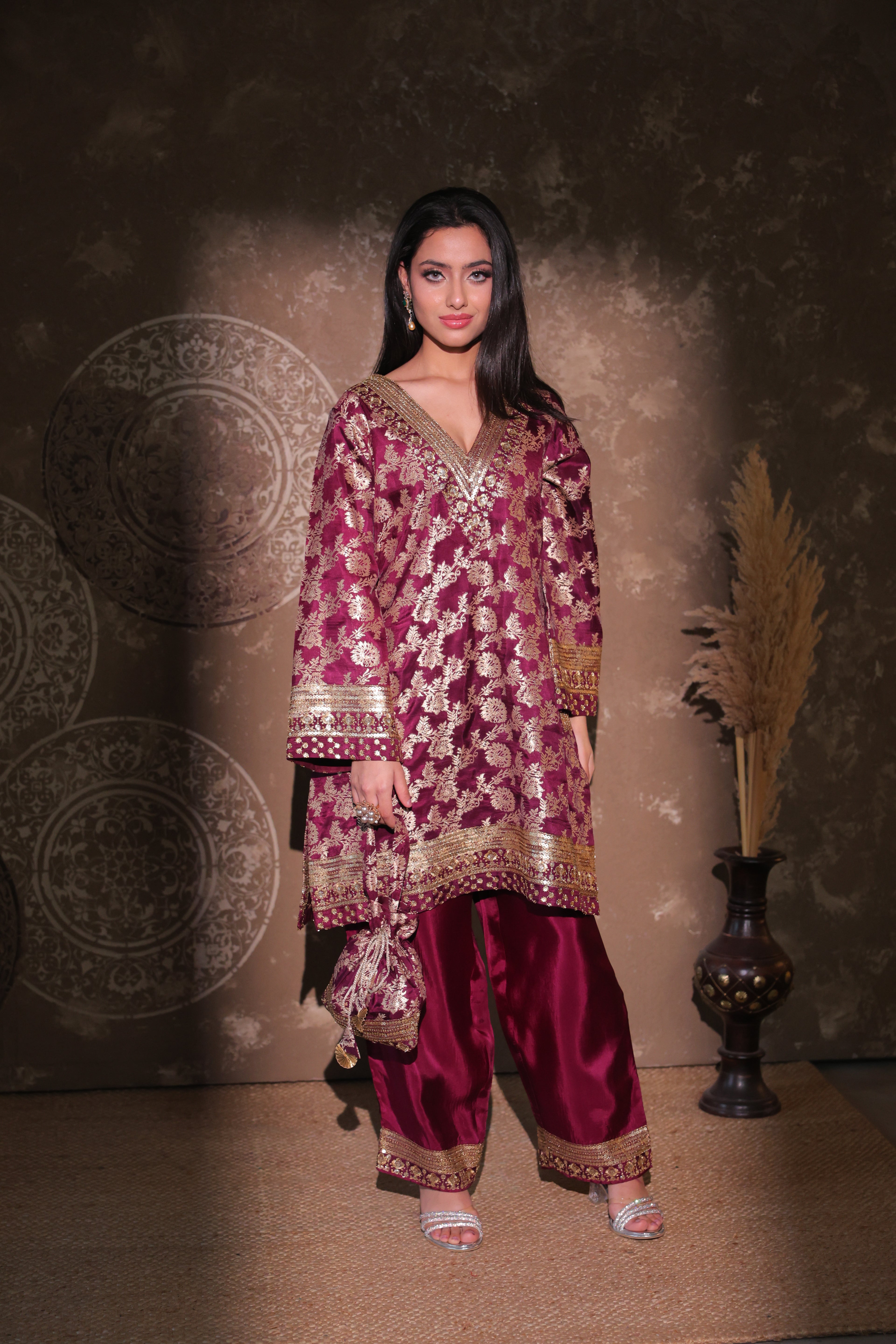 Maroon Brocade Co-ord Set