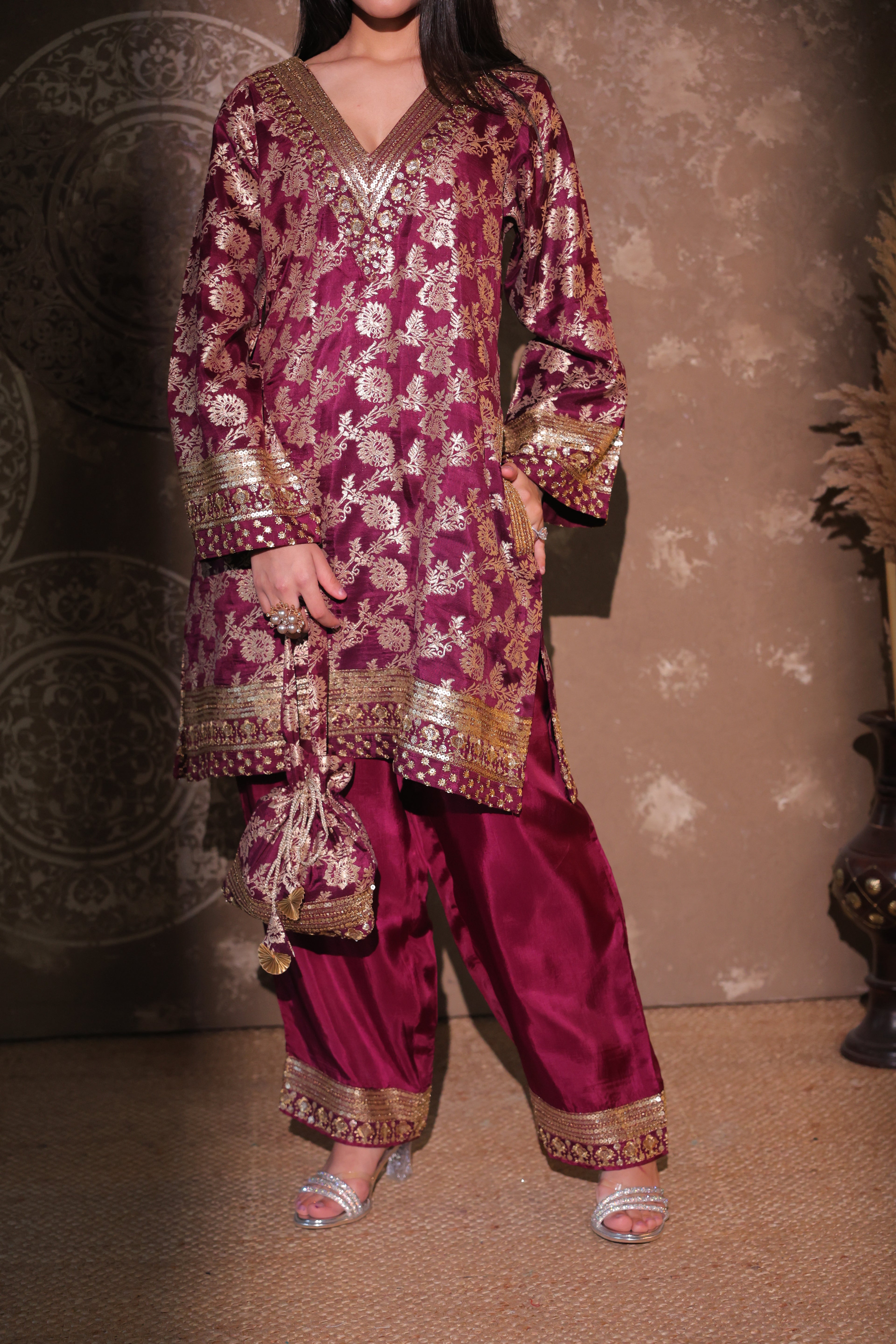 Maroon Brocade Co-ord Set