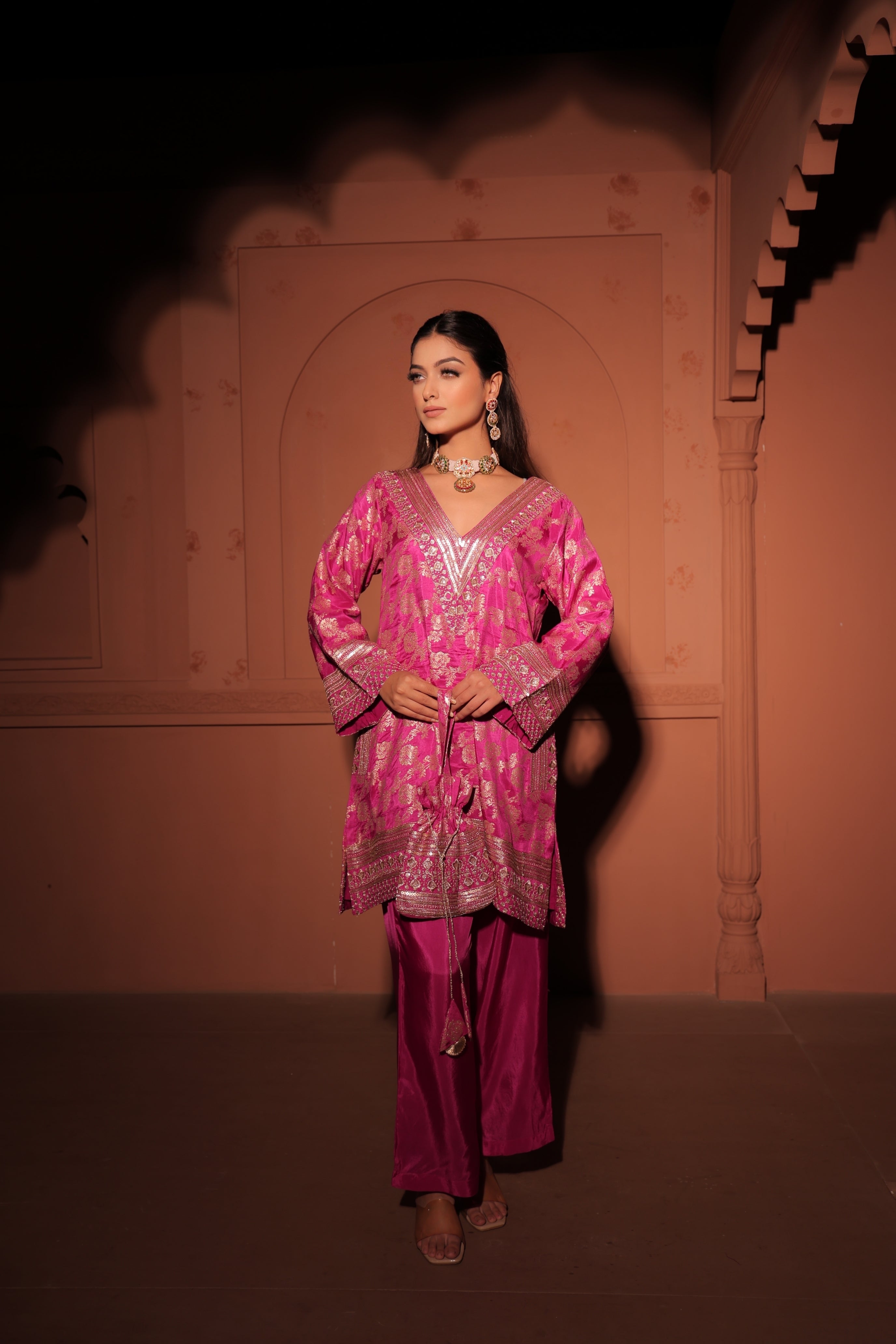 Fuchsia Pink Brocade Co-ord Set
