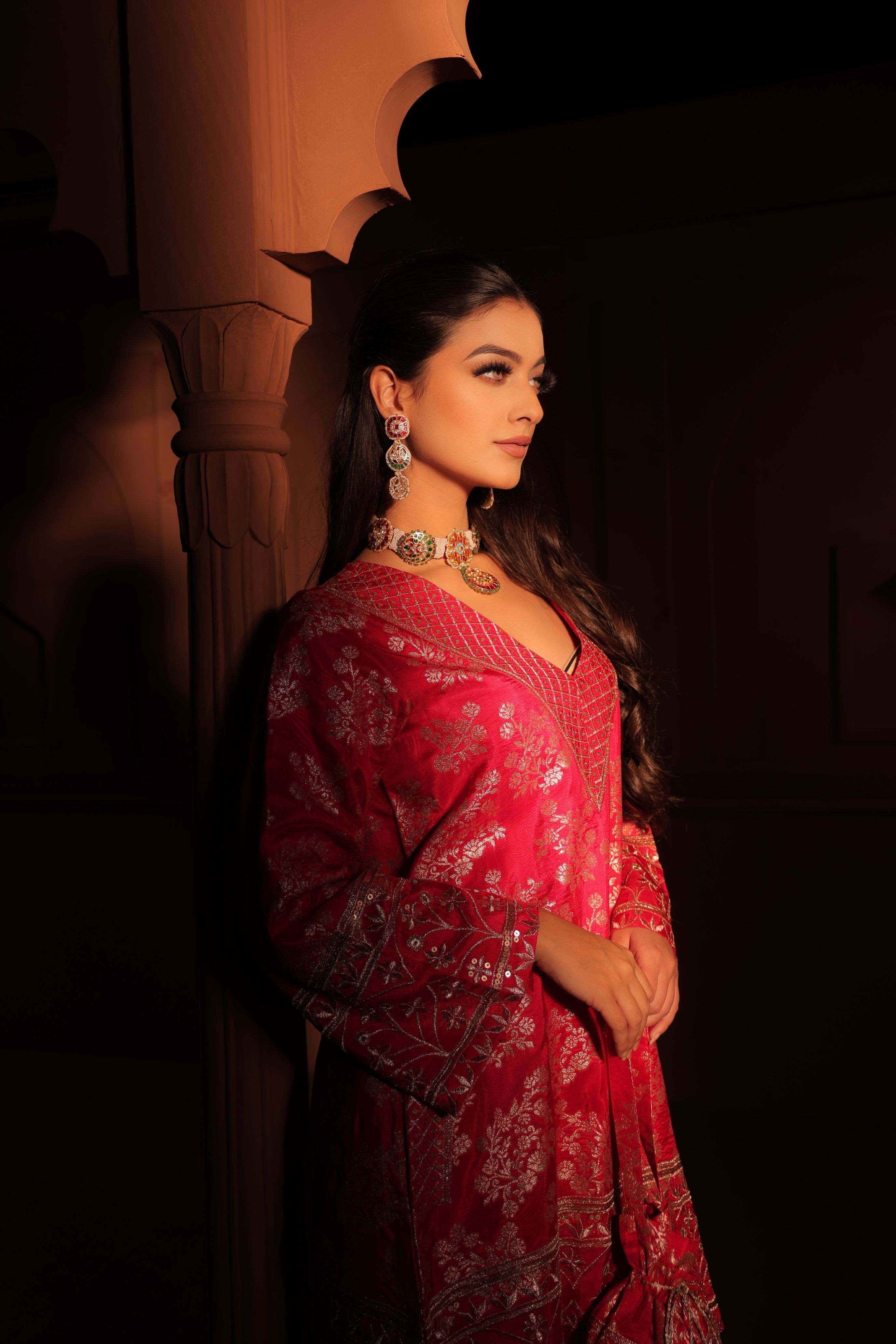 Crimson Red Brocade Co-ord Set