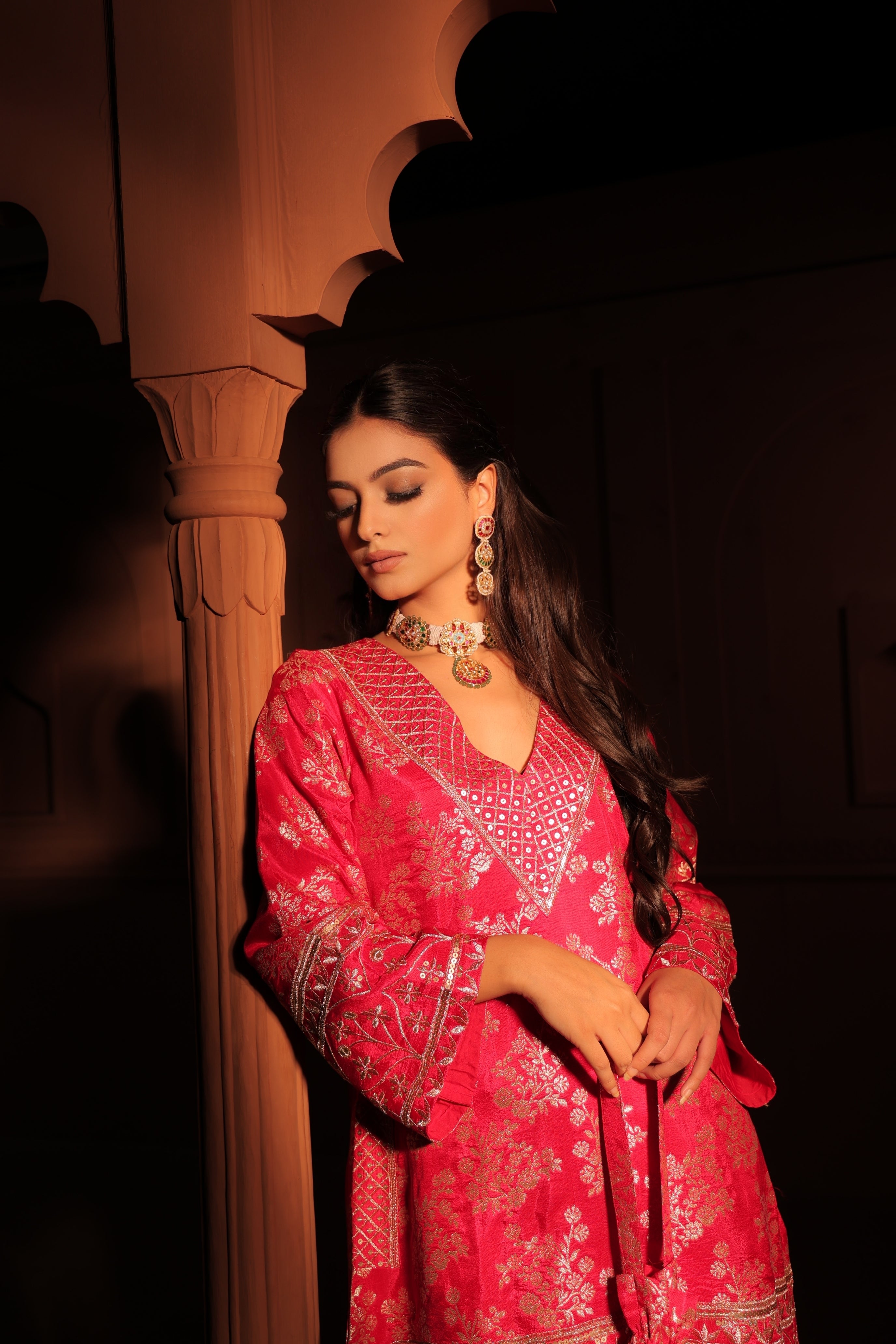 Crimson Red Brocade Co-ord Set