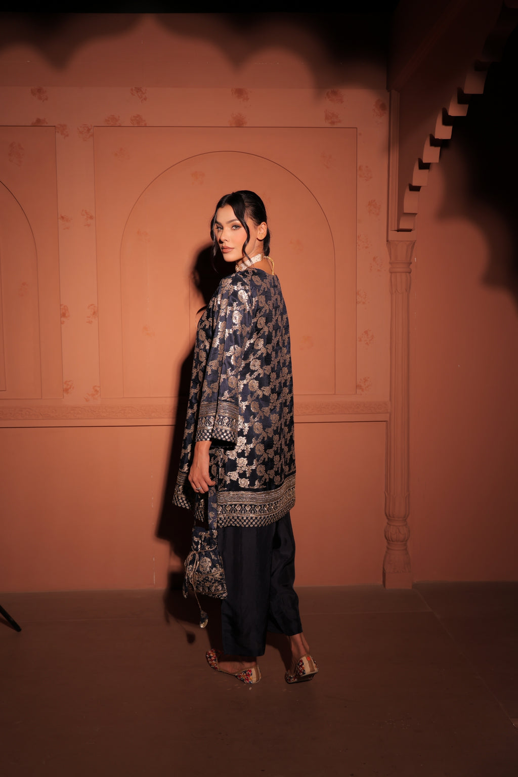 Navy Blue Brocade Co-ord Set