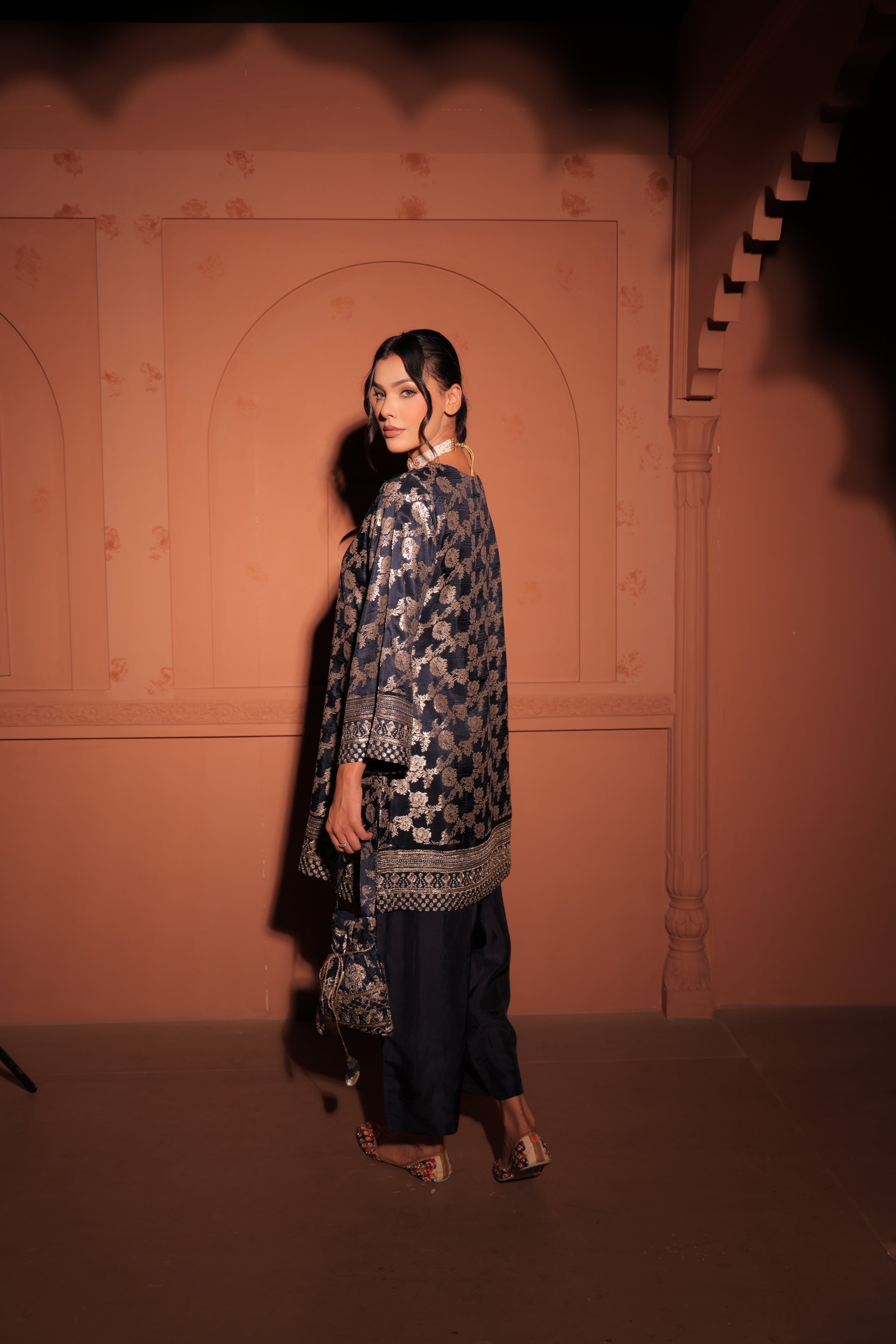 Navy Blue Brocade Co-ord Set