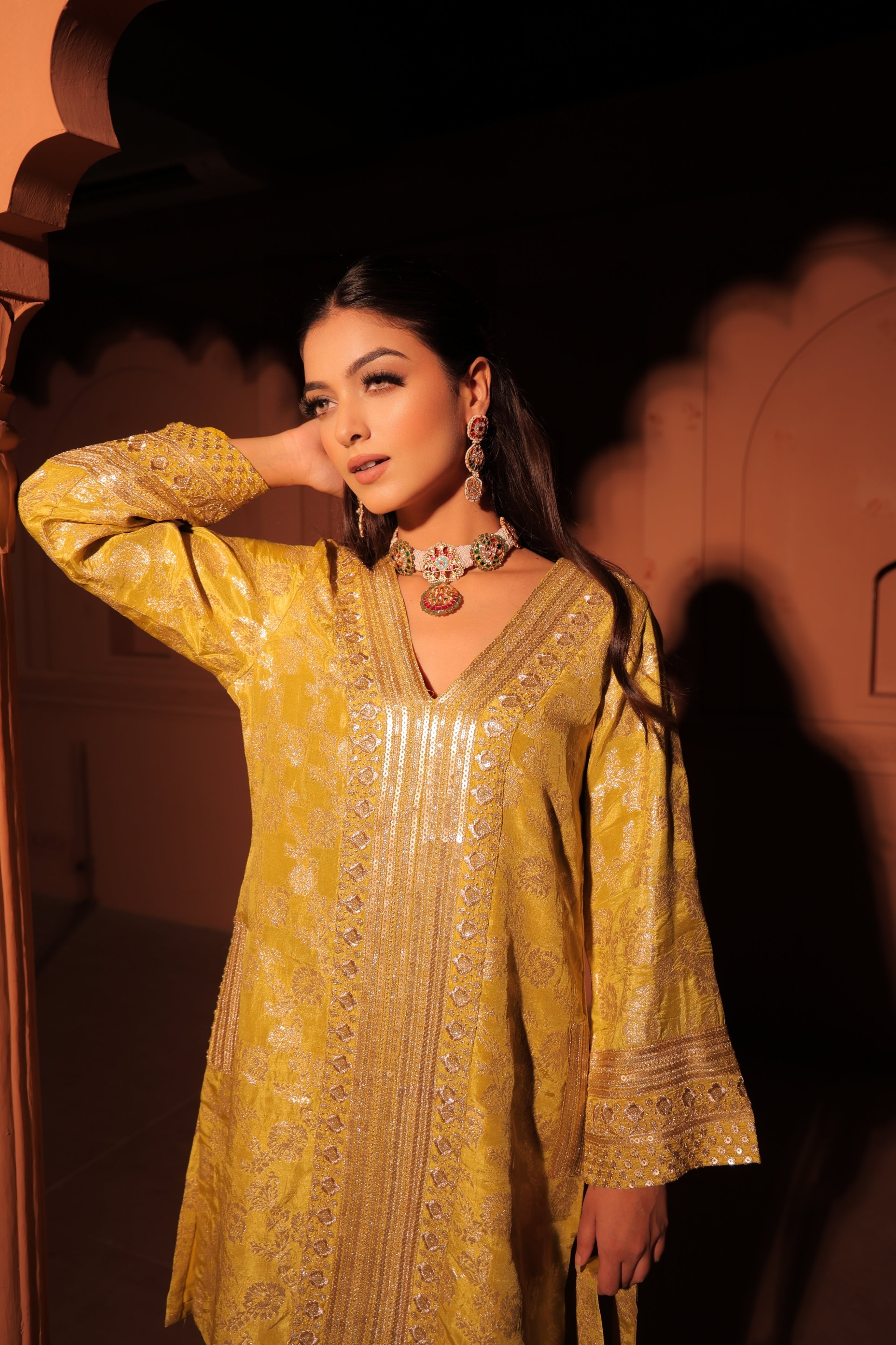 Mustard Yellow Brocade Co-ord Set